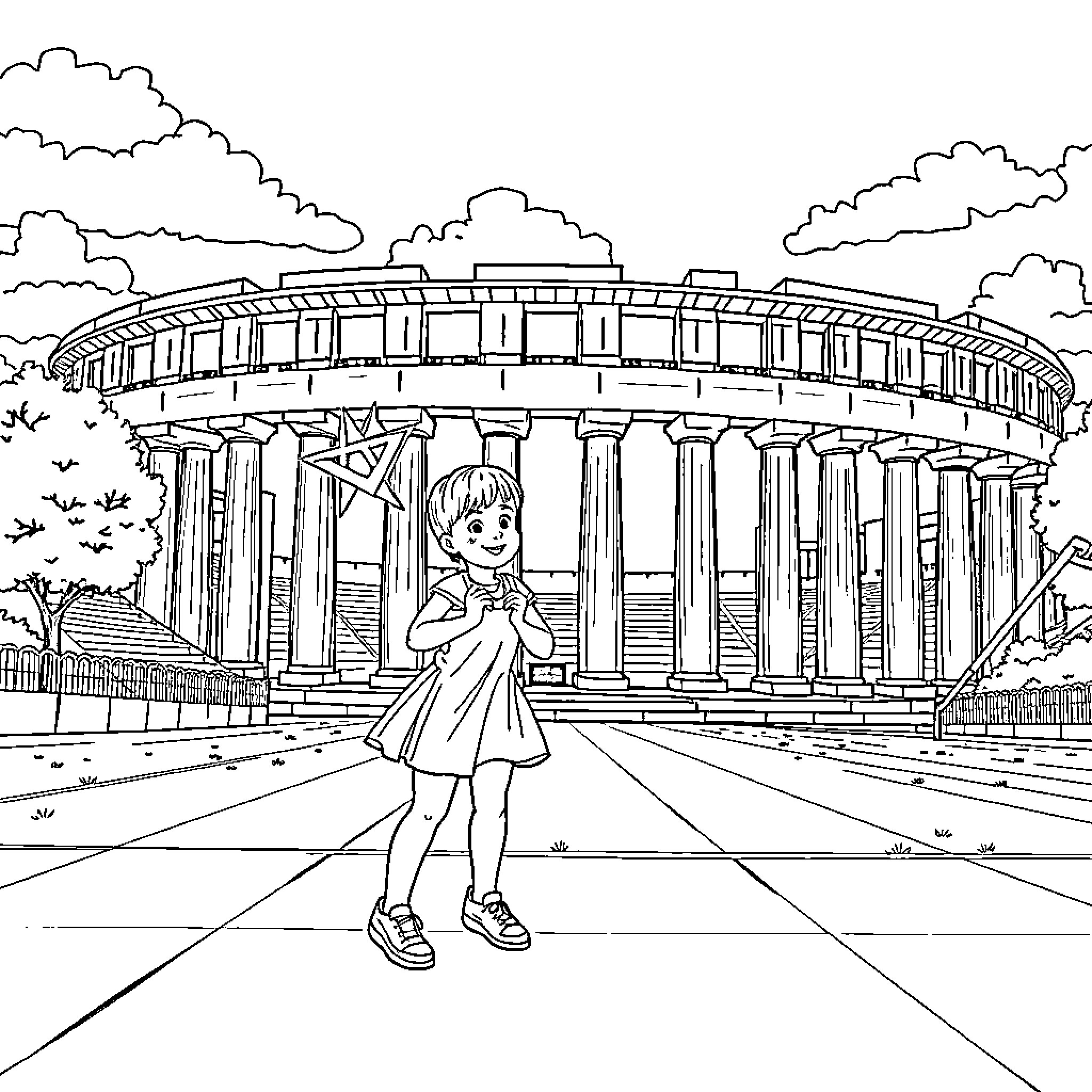 Girl exploring ancient Greek architecture Coloring Page (free black-and-white line drawing printable PDF for all, from beginners to advanced learners, including children, teens, adults, and seniors)