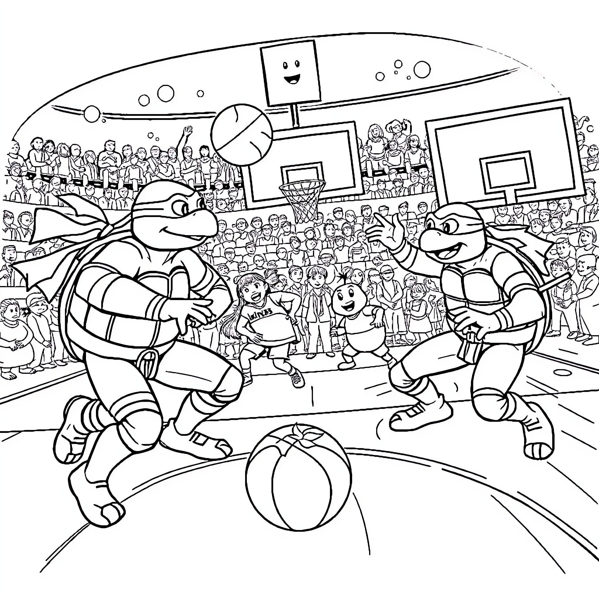Ninja Turtles playing basketball in a packed arena Coloring Page (free black-and-white line drawing printable PDF for all, from beginners to advanced learners, including children, teens, adults, and seniors)