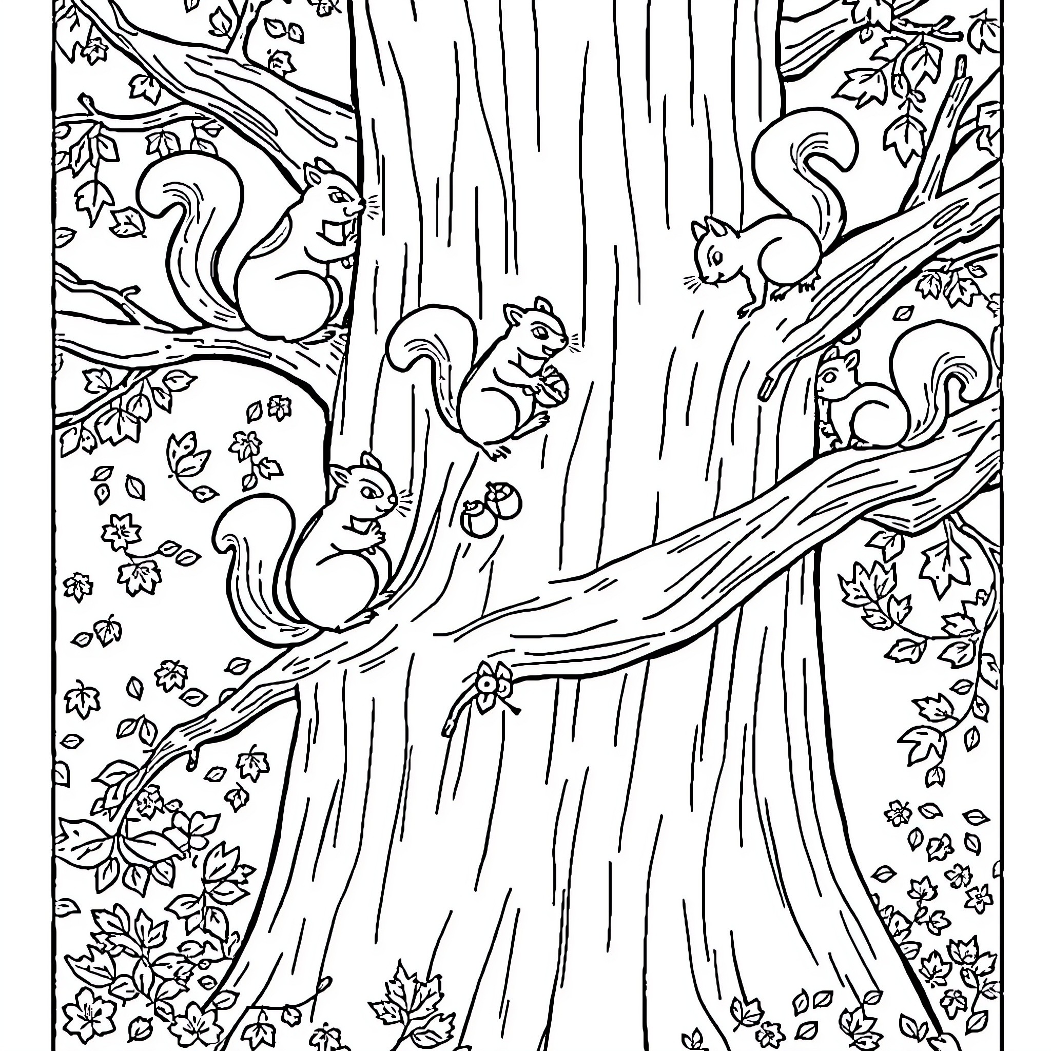 Squirrels playing among the autumn leaves in the forest Coloring Page (free black-and-white line drawing printable PDF for all, from beginners to advanced learners, including children, teens, adults, and seniors)
