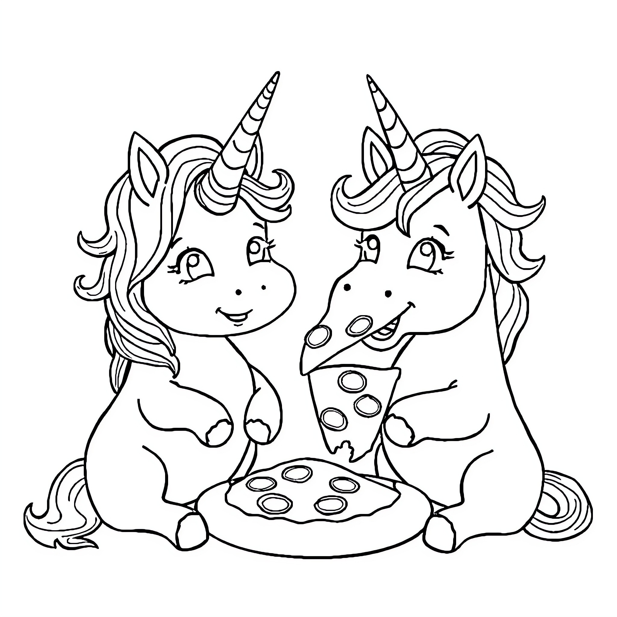 Unicorn Companions Sharing a Meal Together Coloring Page (free black-and-white line drawing printable PDF for all, from beginners to advanced learners, including children, teens, adults, and seniors)