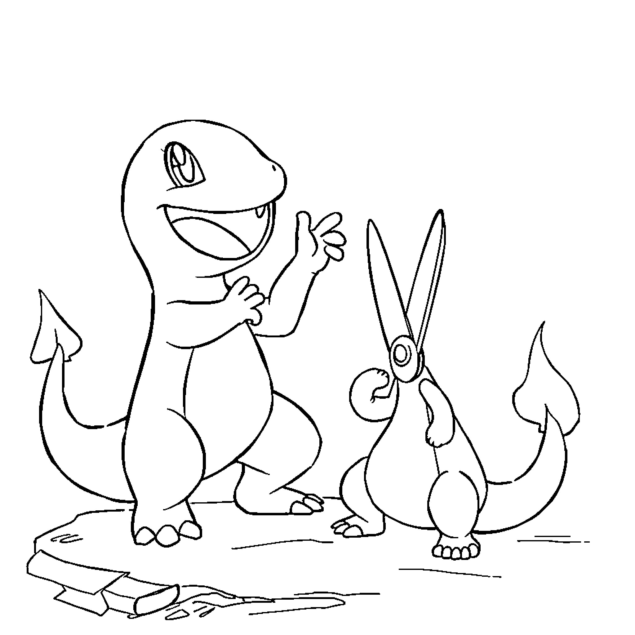 Charmander playing with Scizor in the wild Coloring Page (free black-and-white line drawing printable PDF for all, from beginners to advanced learners, including children, teens, adults, and seniors)