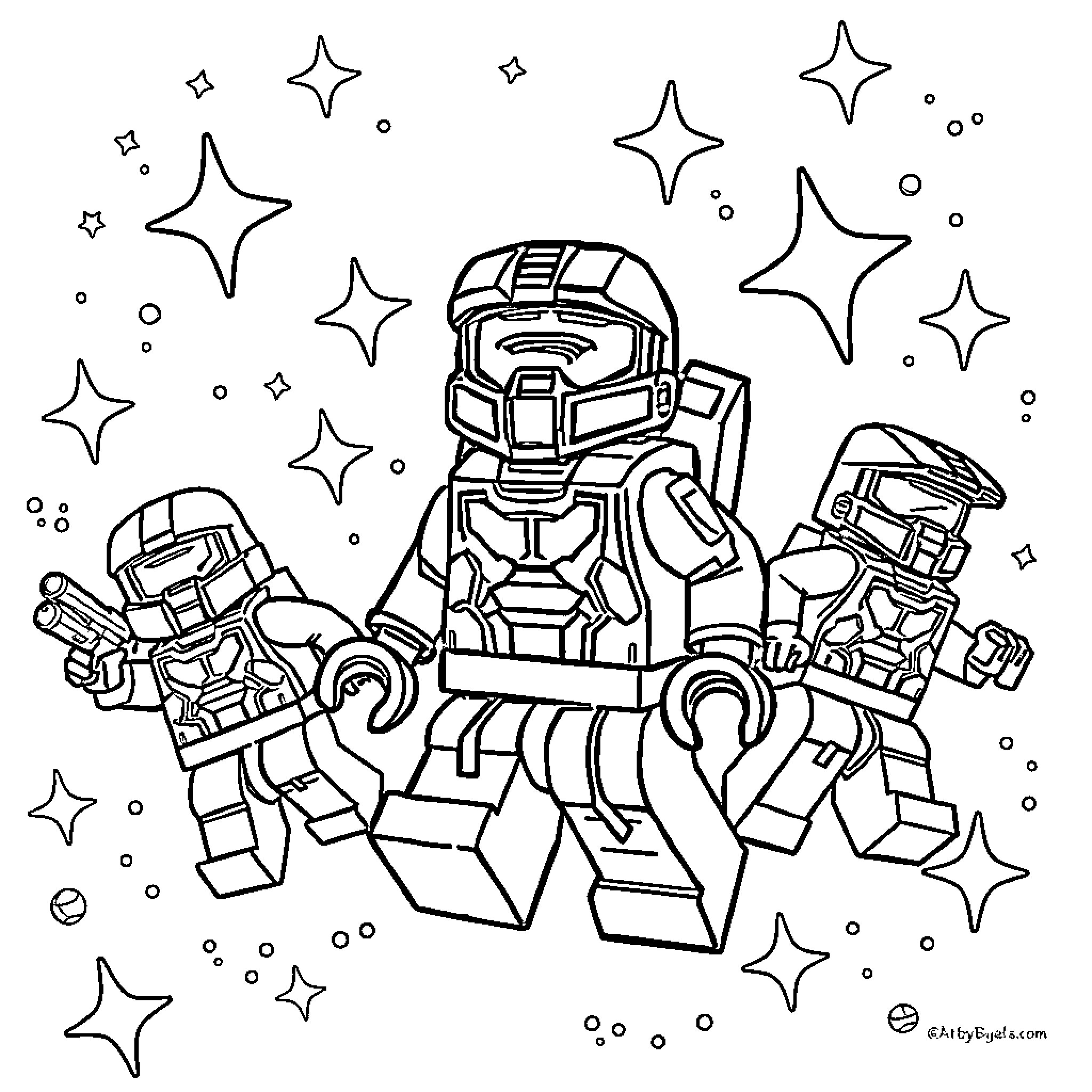 LEGO Characters in Futuristic Sci-Fi Setting Coloring Page (free black-and-white line drawing printable PDF for all, from beginners to advanced learners, including children, teens, adults, and seniors)