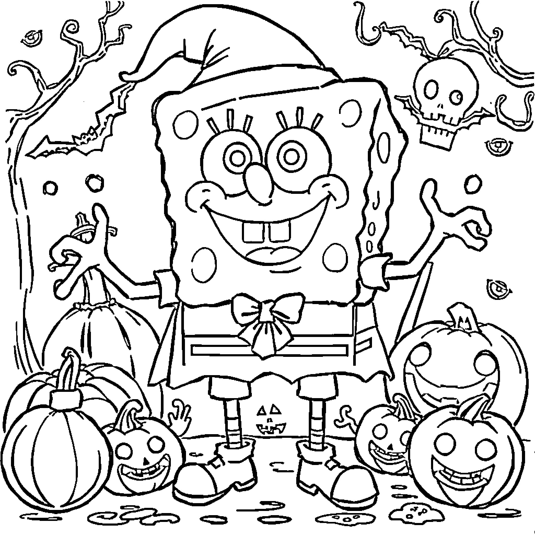 Spongebob's Halloween Adventure Coloring Page (free black-and-white line drawing printable PDF for all, from beginners to advanced learners, including children, teens, adults, and seniors)