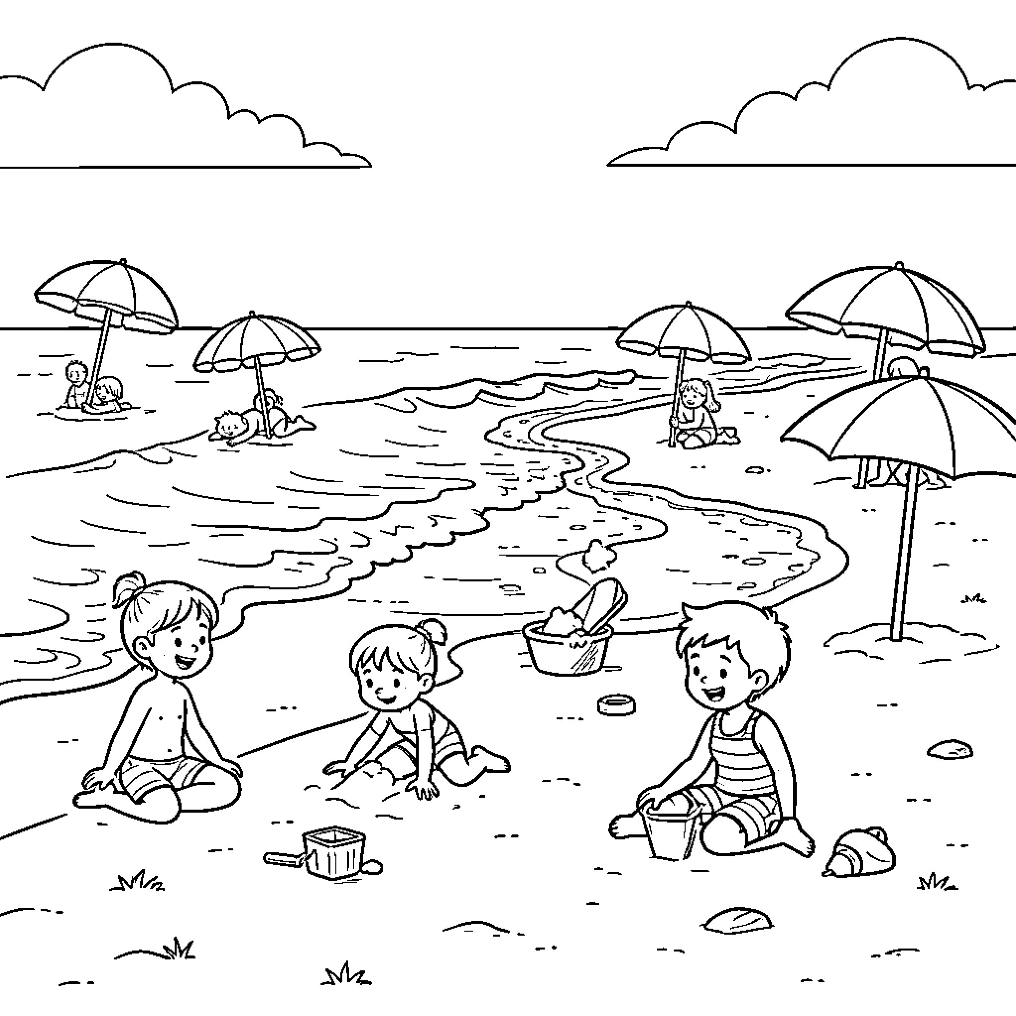 Beach scene with children playing in the sand Coloring Page (free black-and-white line drawing printable PDF for all, from beginners to advanced learners, including children, teens, adults, and seniors)