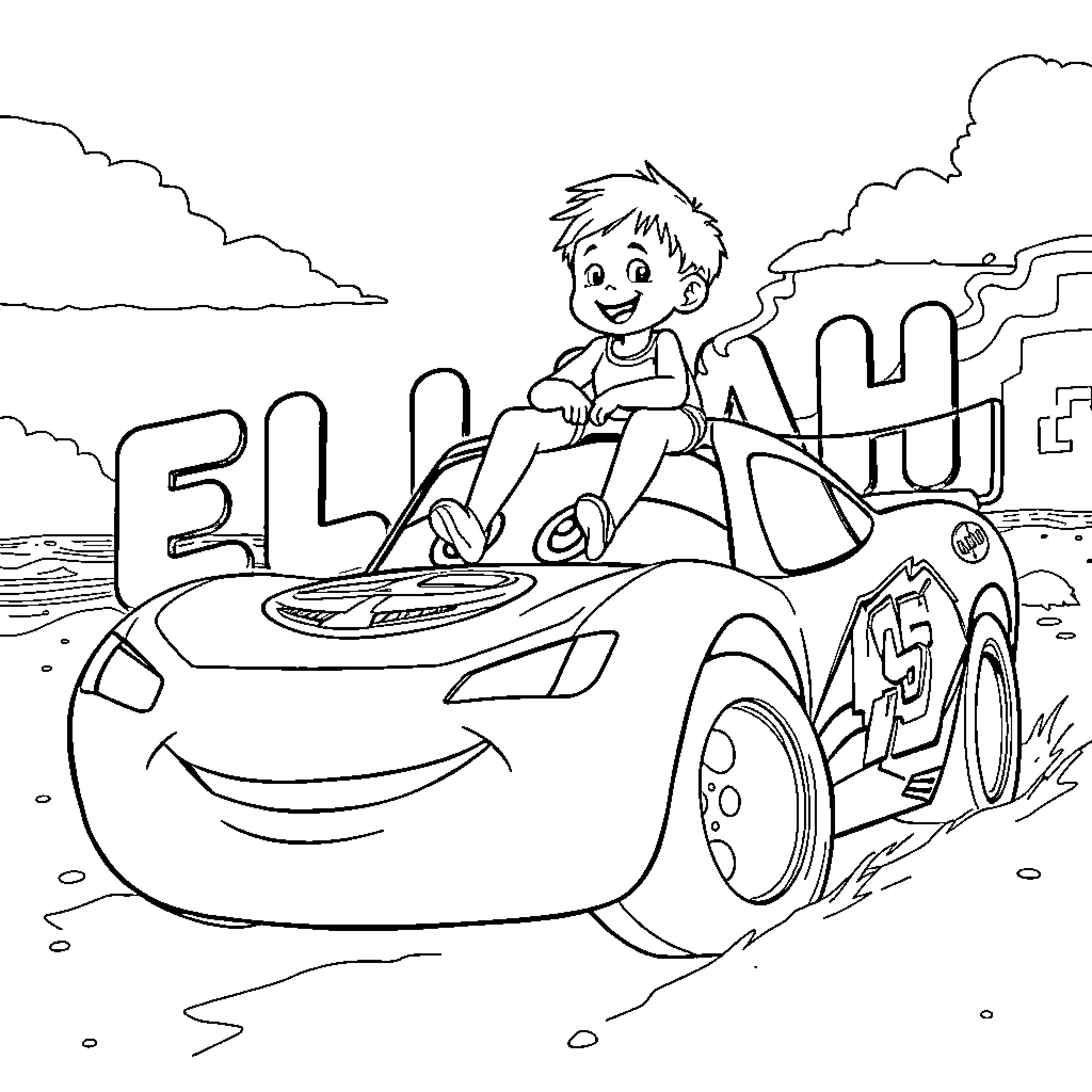 Lightning McQueen racing with a happy boy Coloring Page (free black-and-white line drawing printable PDF for all, from beginners to advanced learners, including children, teens, adults, and seniors)