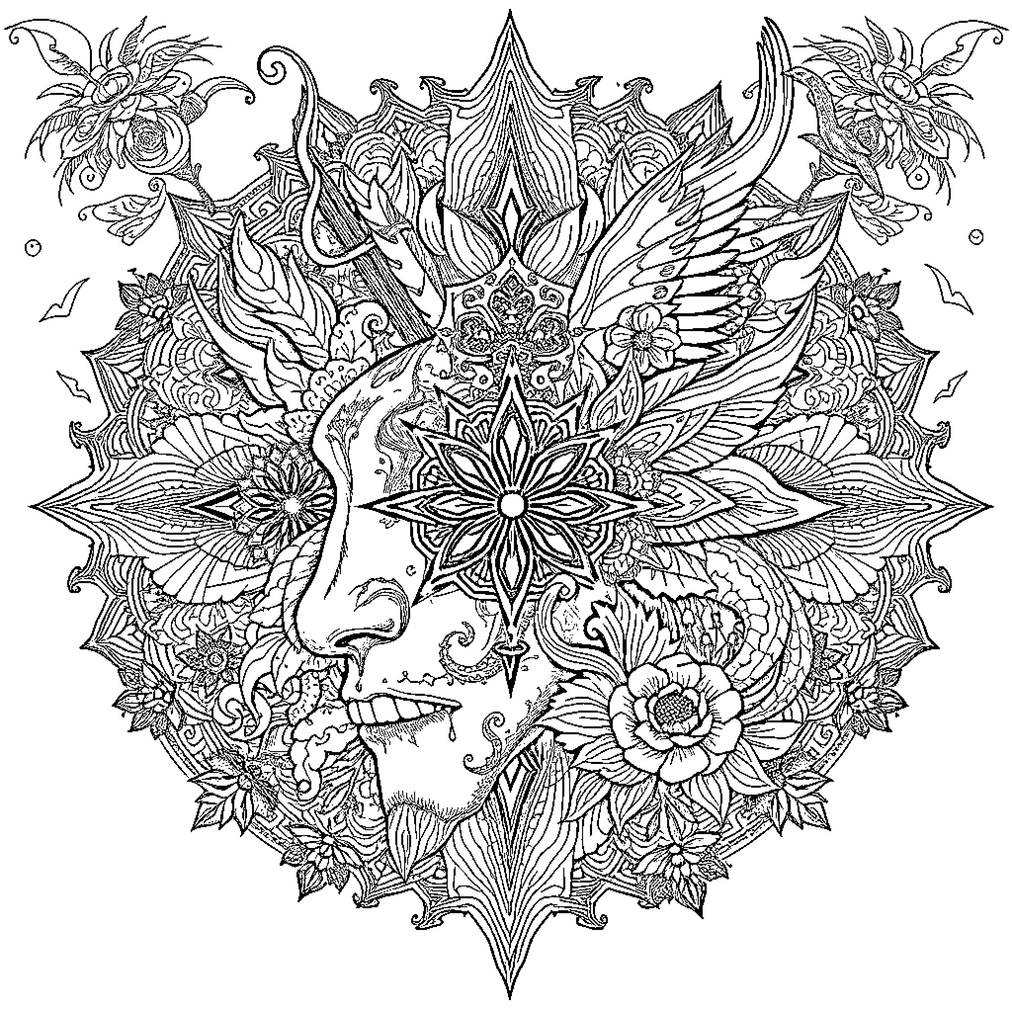 Art of Ornate Floral Figures and Patterns Coloring Page (free black-and-white line drawing printable PDF for all, from beginners to advanced learners, including children, teens, adults, and seniors)