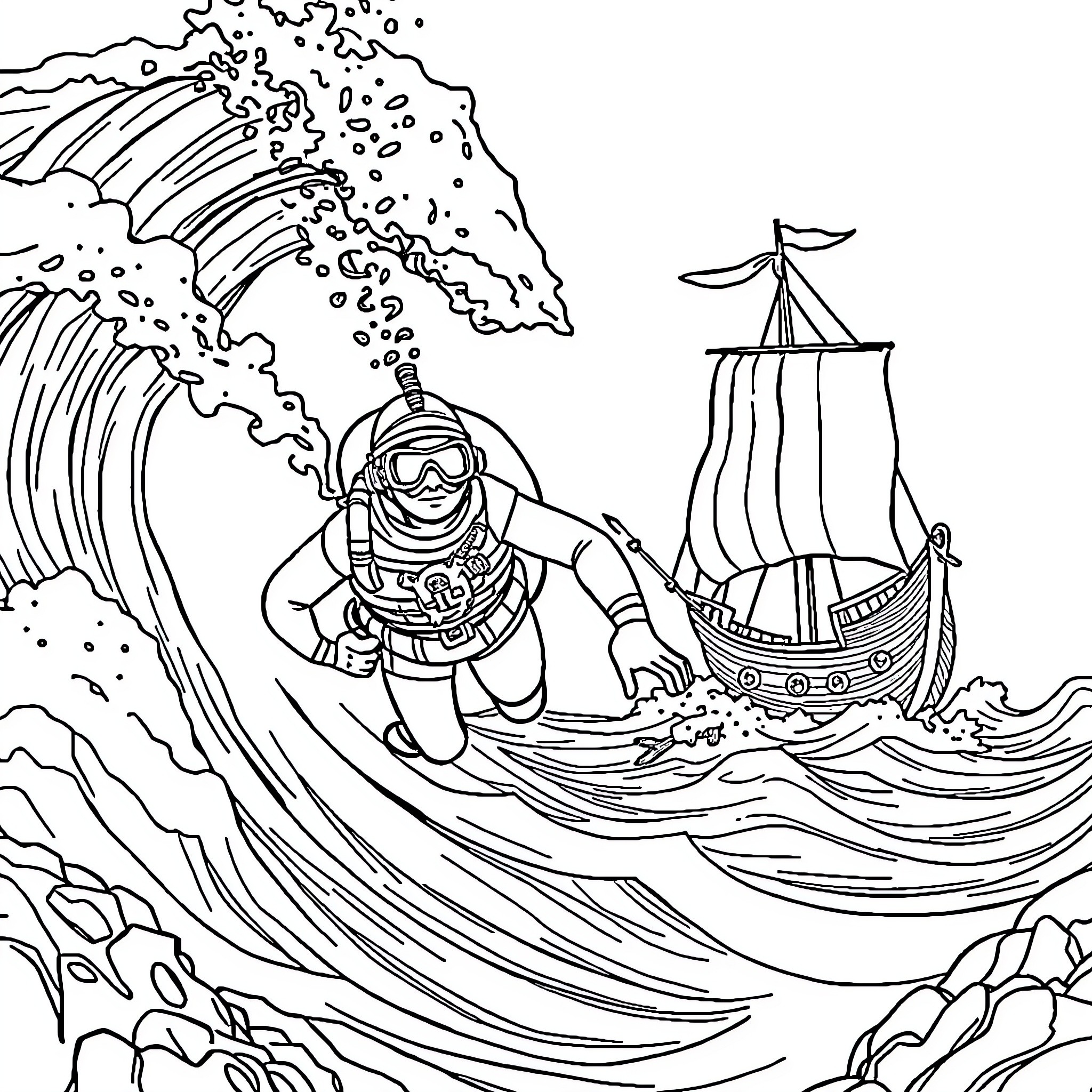 Submarine scuba diver exploring the high seas with a ship Coloring Page (free black-and-white line drawing printable PDF for all, from beginners to advanced learners, including children, teens, adults, and seniors)