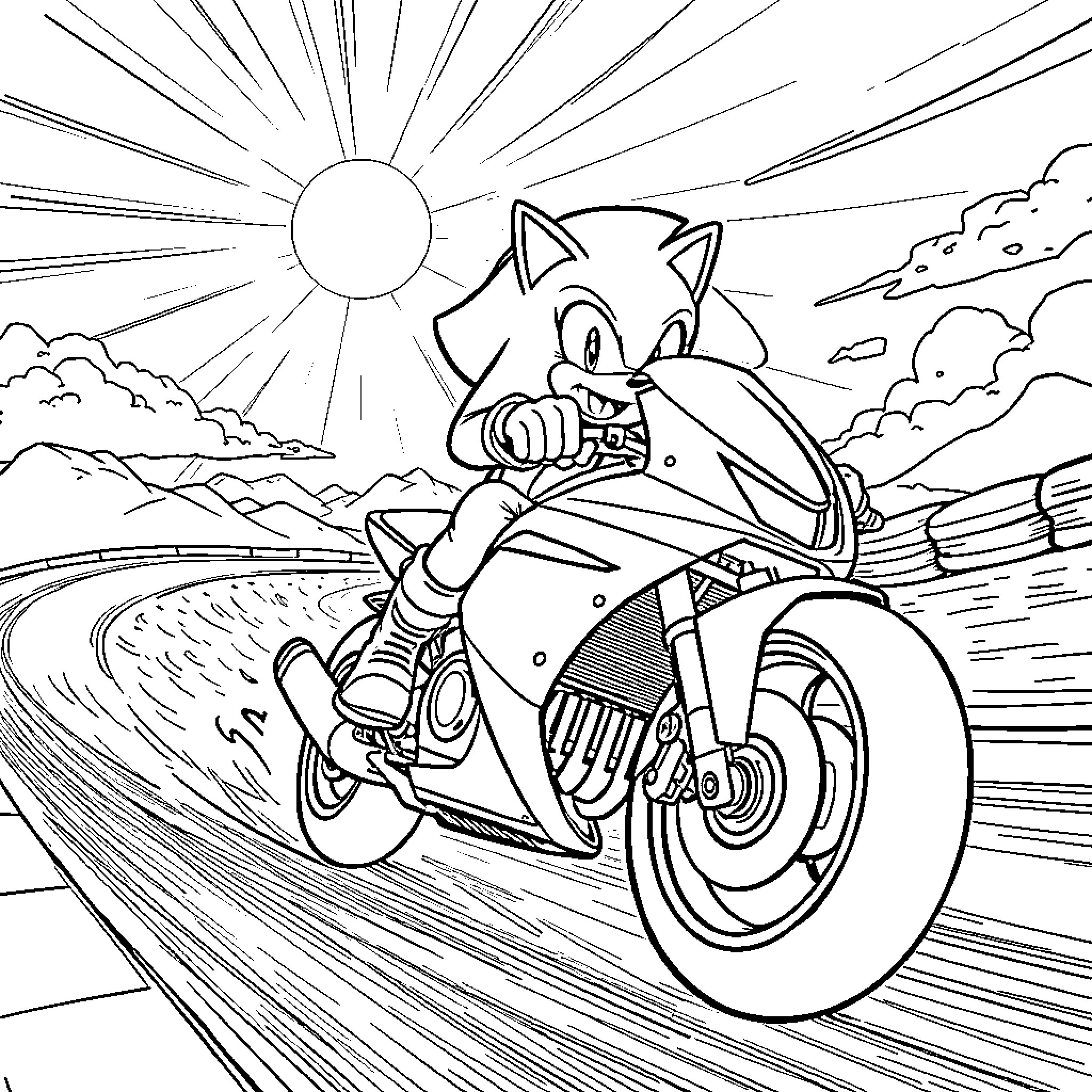 Sonic racing through the countryside on a motorcycle Coloring Page (free black-and-white line drawing printable PDF for all, from beginners to advanced learners, including children, teens, adults, and seniors)