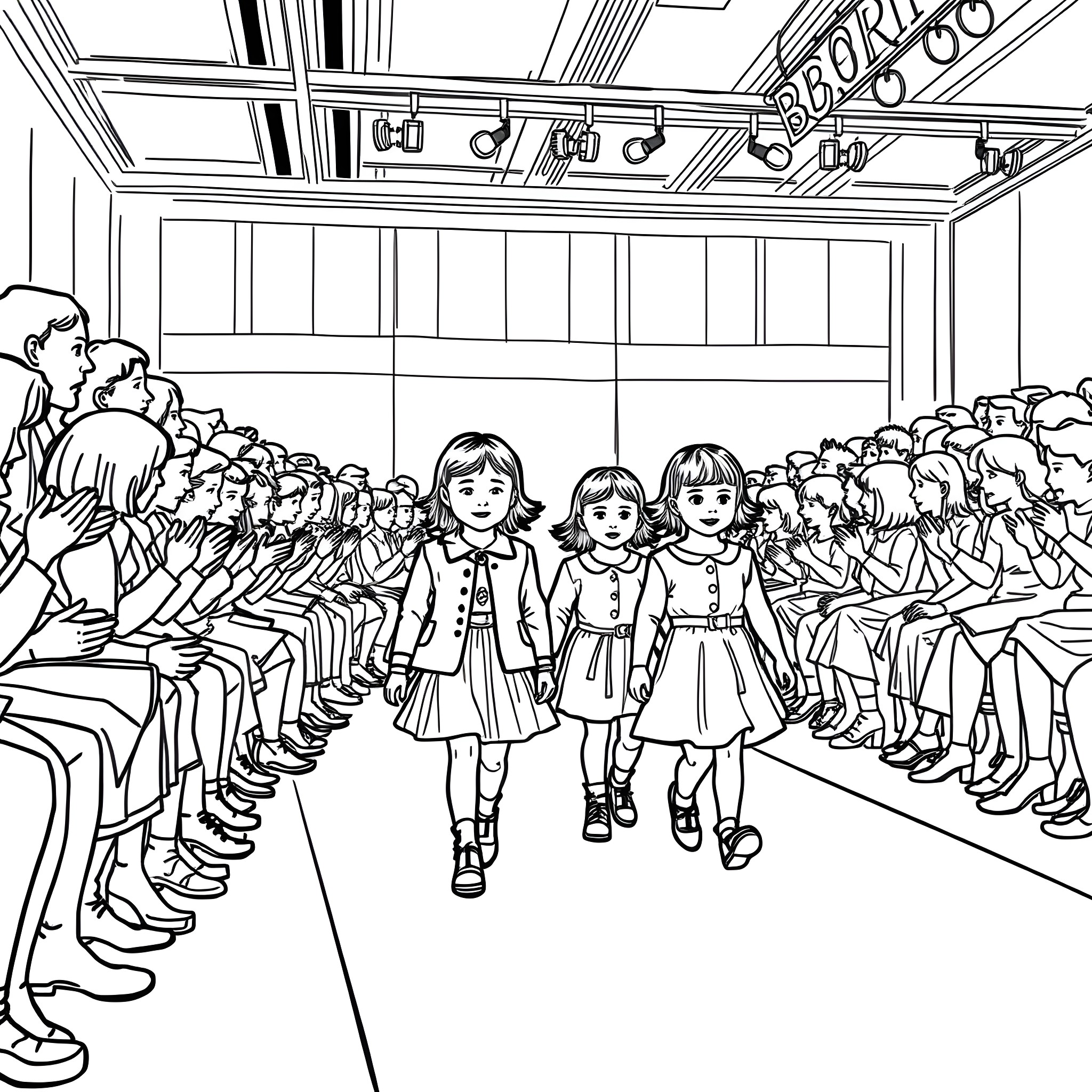 Fashion Show of Well-Dressed Young Models on Stage Coloring Page (free black-and-white line drawing printable PDF for all, from beginners to advanced learners, including children, teens, adults, and seniors)