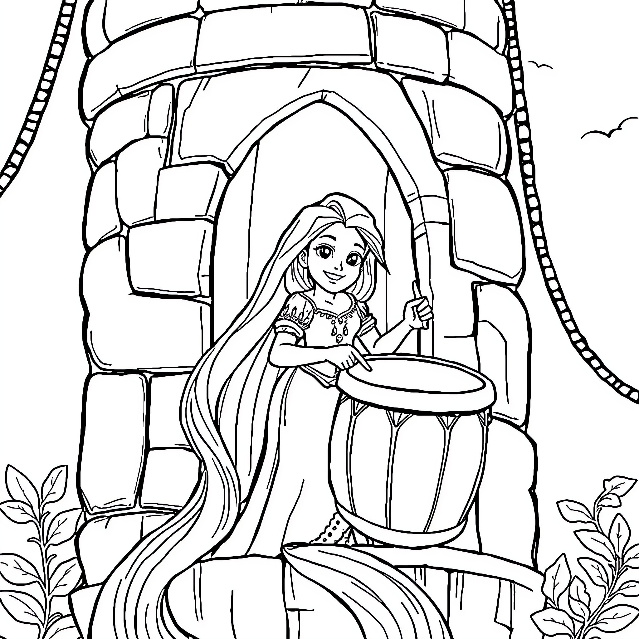 Rapunzel playing music in a fairytale tower Coloring Page (free black-and-white line drawing printable PDF for all, from beginners to advanced learners, including children, teens, adults, and seniors)