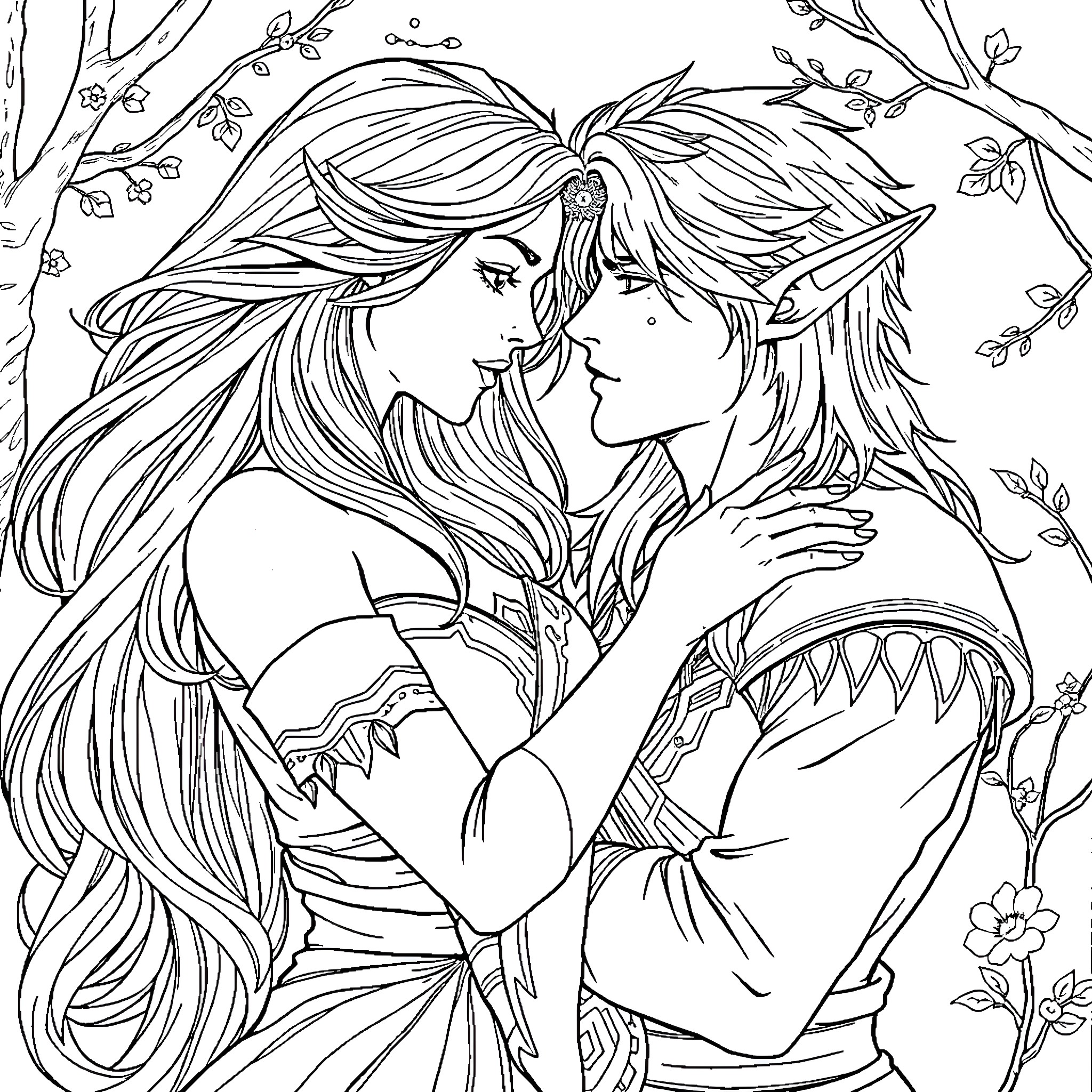 Woman embracing in floral surroundings Coloring Page (free black-and-white line drawing printable PDF for all, from beginners to advanced learners, including children, teens, adults, and seniors)