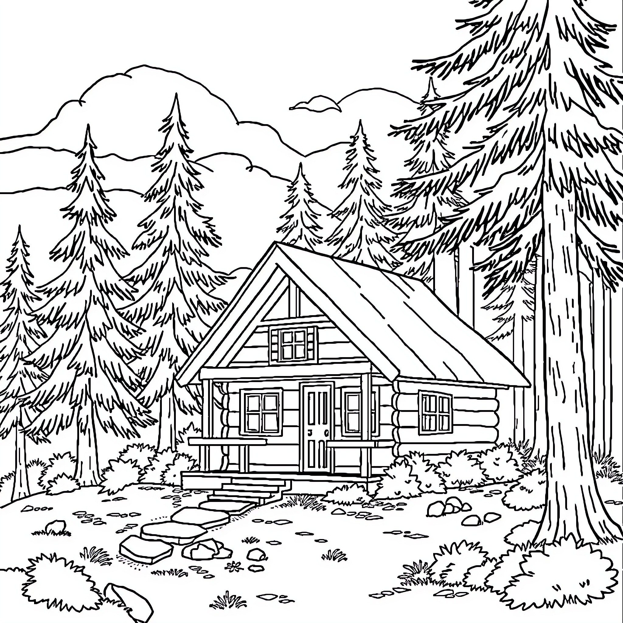 Cabin in the Serene Forest Landscape Coloring Page (free black-and-white line drawing printable PDF for all, from beginners to advanced learners, including children, teens, adults, and seniors)
