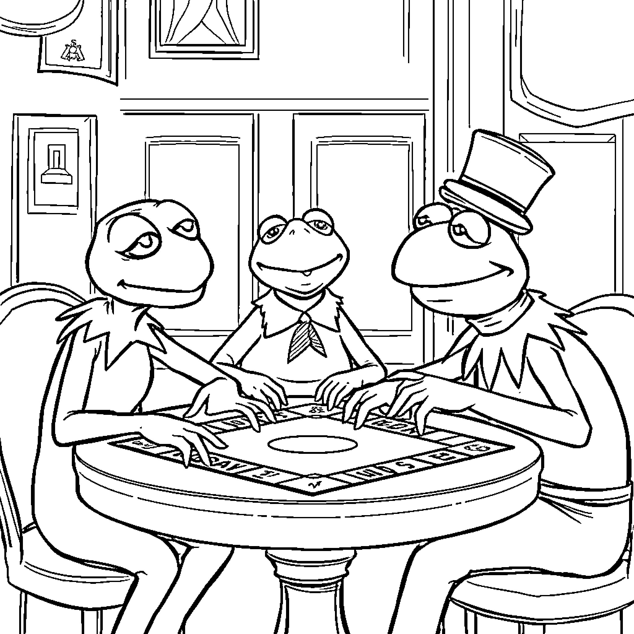 Alien Muppets Playing Games in a Colorful Room Coloring Page (free black-and-white line drawing printable PDF for all, from beginners to advanced learners, including children, teens, adults, and seniors)
