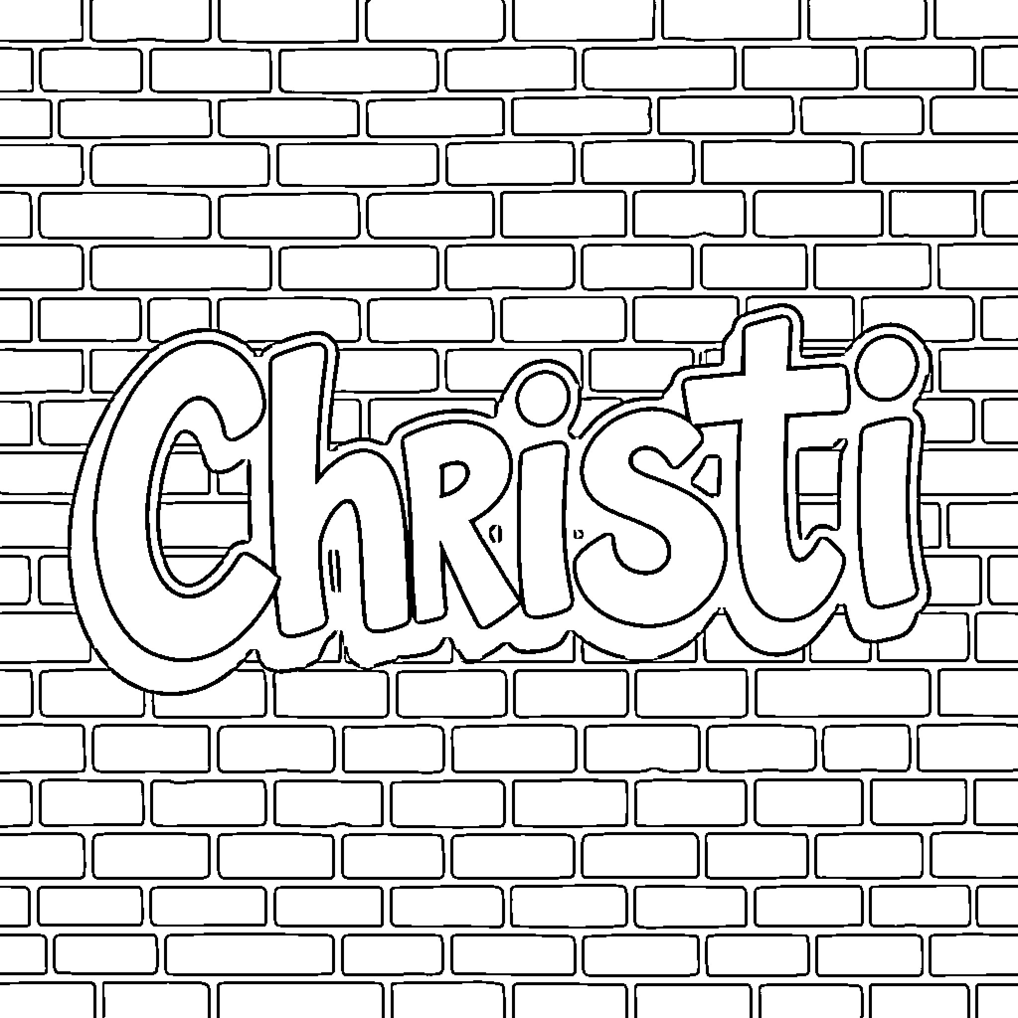 Christi written in bubble letters on a brick wall Coloring Page (free black-and-white line drawing printable PDF for all, from beginners to advanced learners, including children, teens, adults, and seniors)