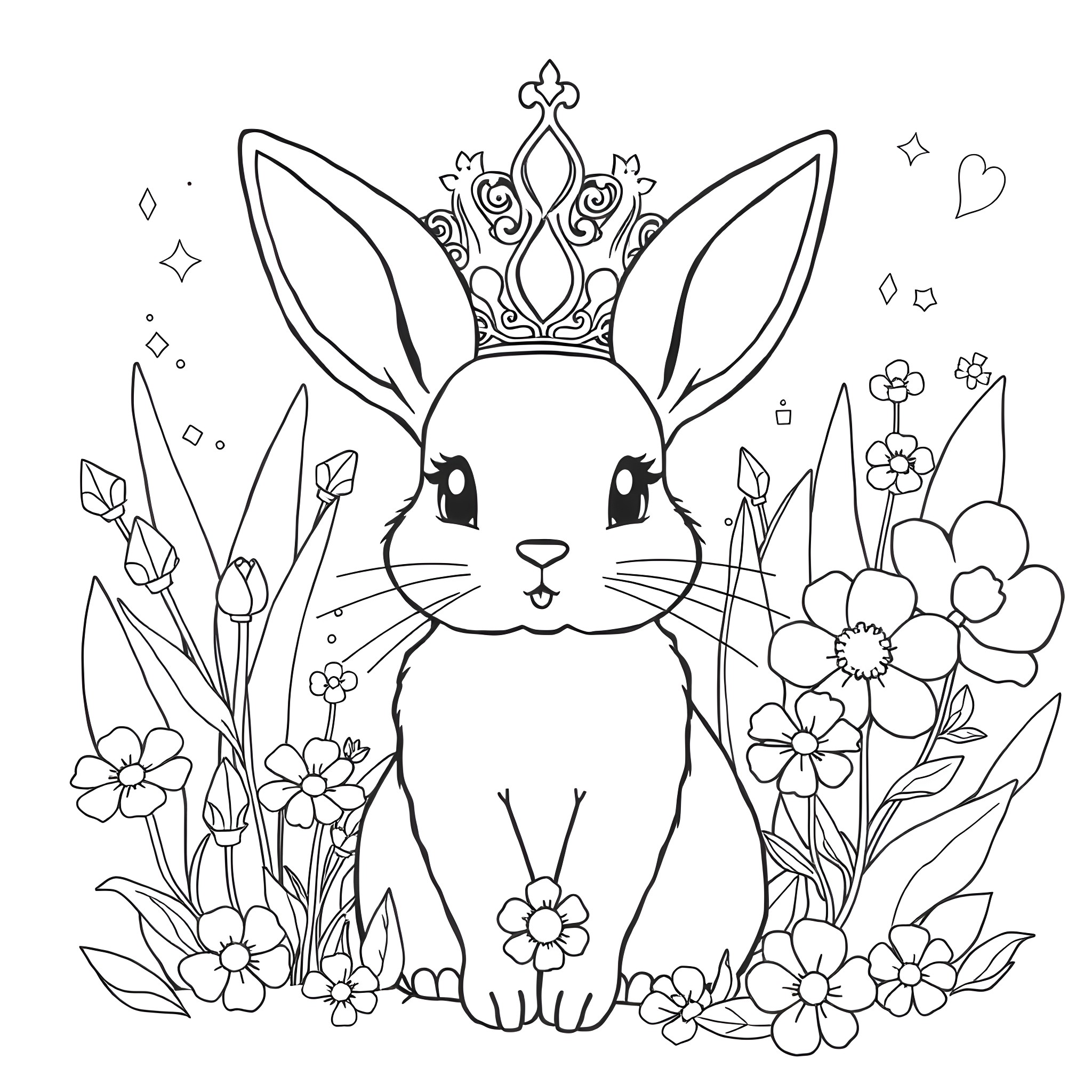 Bunny Wearing a Crown in a Floral Garden Coloring Page (free black-and-white line drawing printable PDF for all, from beginners to advanced learners, including children, teens, adults, and seniors)