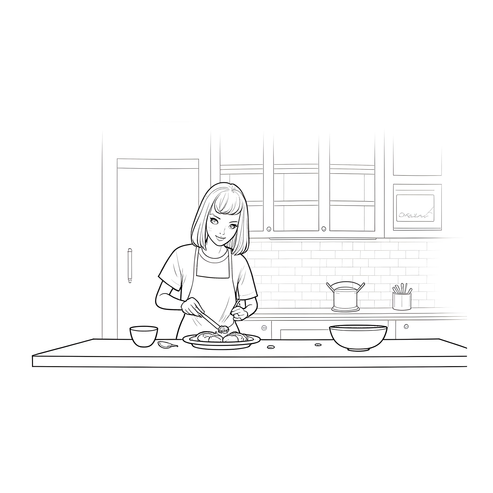 Lady cooking a meal in the kitchen Coloring Page (free black-and-white line drawing printable PDF for all, from beginners to advanced learners, including children, teens, adults, and seniors)