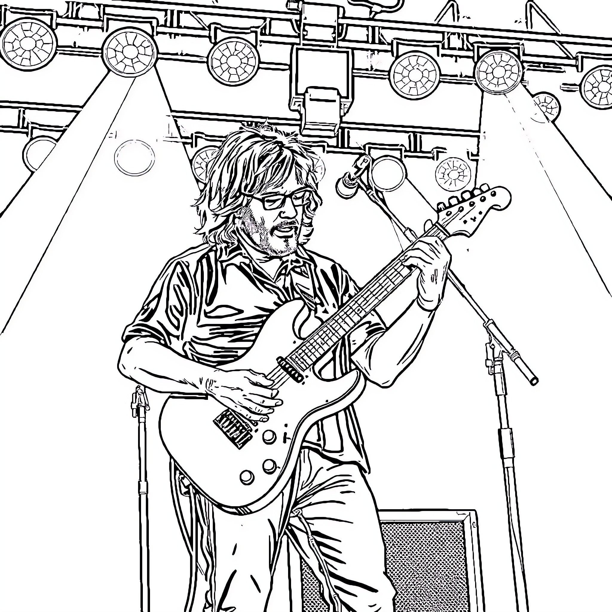 Trey Anastasio performing on stage with guitar Coloring Page (free black-and-white line drawing printable PDF for all, from beginners to advanced learners, including children, teens, adults, and seniors)