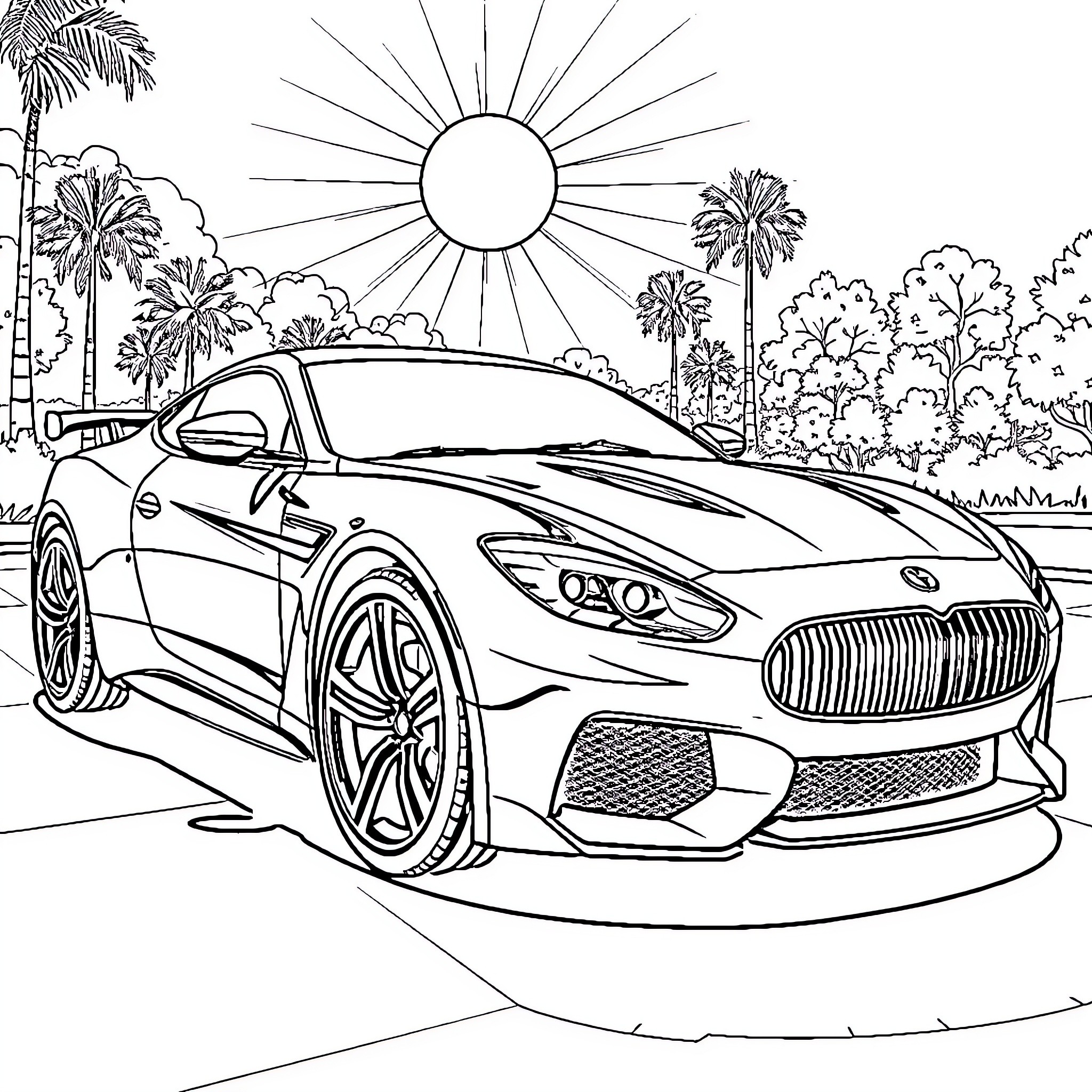 Car speeding on a sunny day with palm trees Coloring Page (free black-and-white line drawing printable PDF for all, from beginners to advanced learners, including children, teens, adults, and seniors)