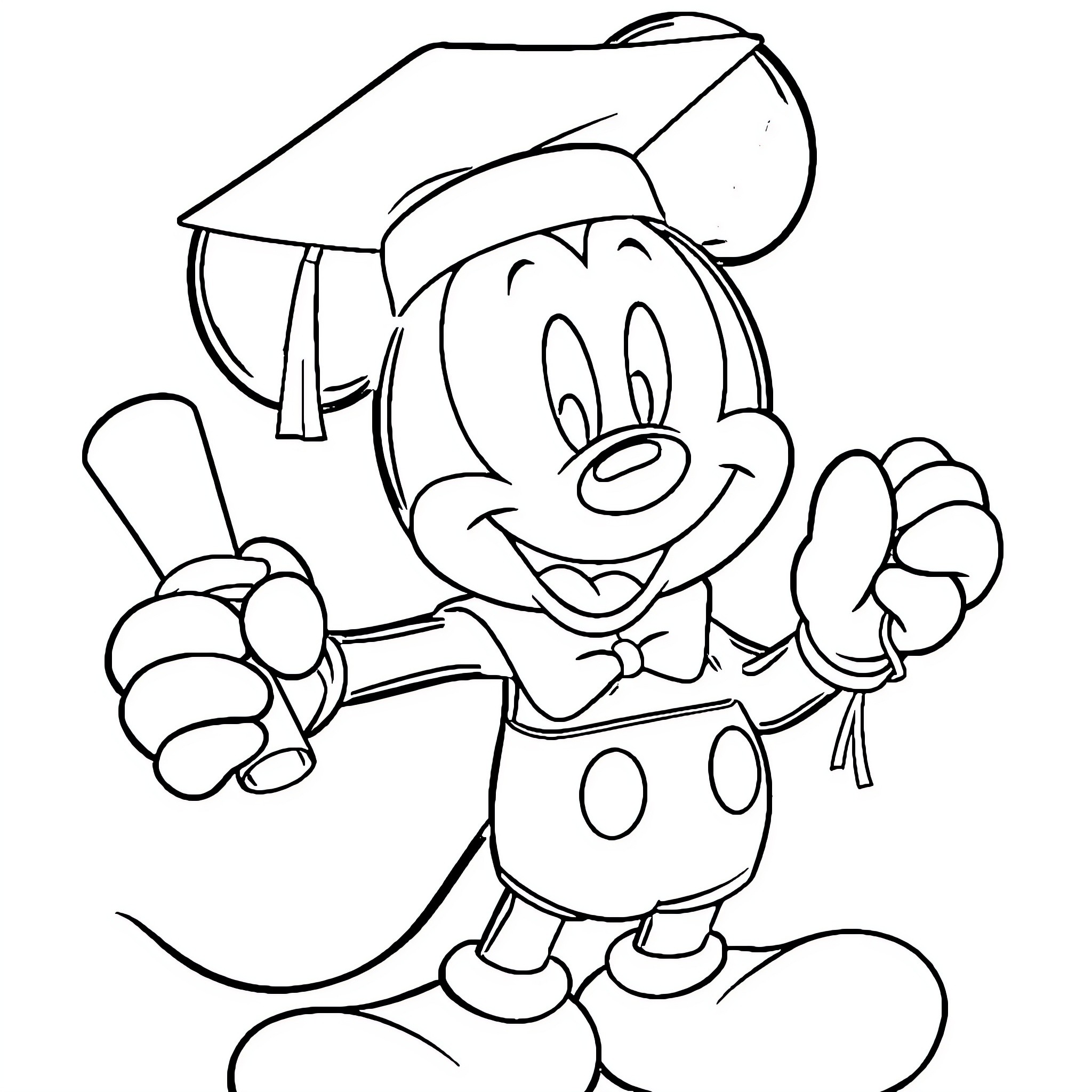 Mickey Mouse in Graduation Cap Celebrating Coloring Page (free black-and-white line drawing printable PDF for all, from beginners to advanced learners, including children, teens, adults, and seniors)