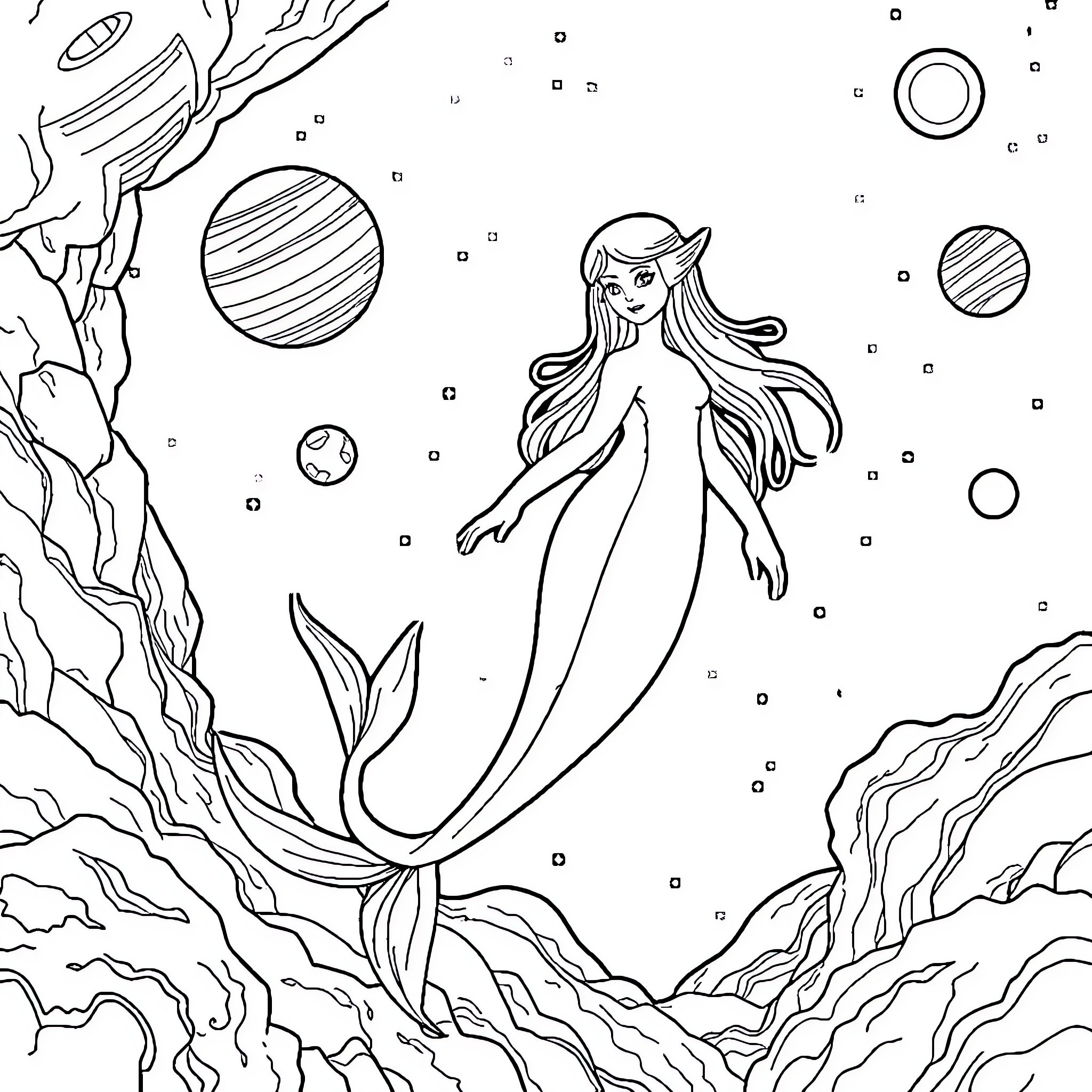 Siren's Ethereal Underwater Odyssey Coloring Page (free black-and-white line drawing printable PDF for all, from beginners to advanced learners, including children, teens, adults, and seniors)