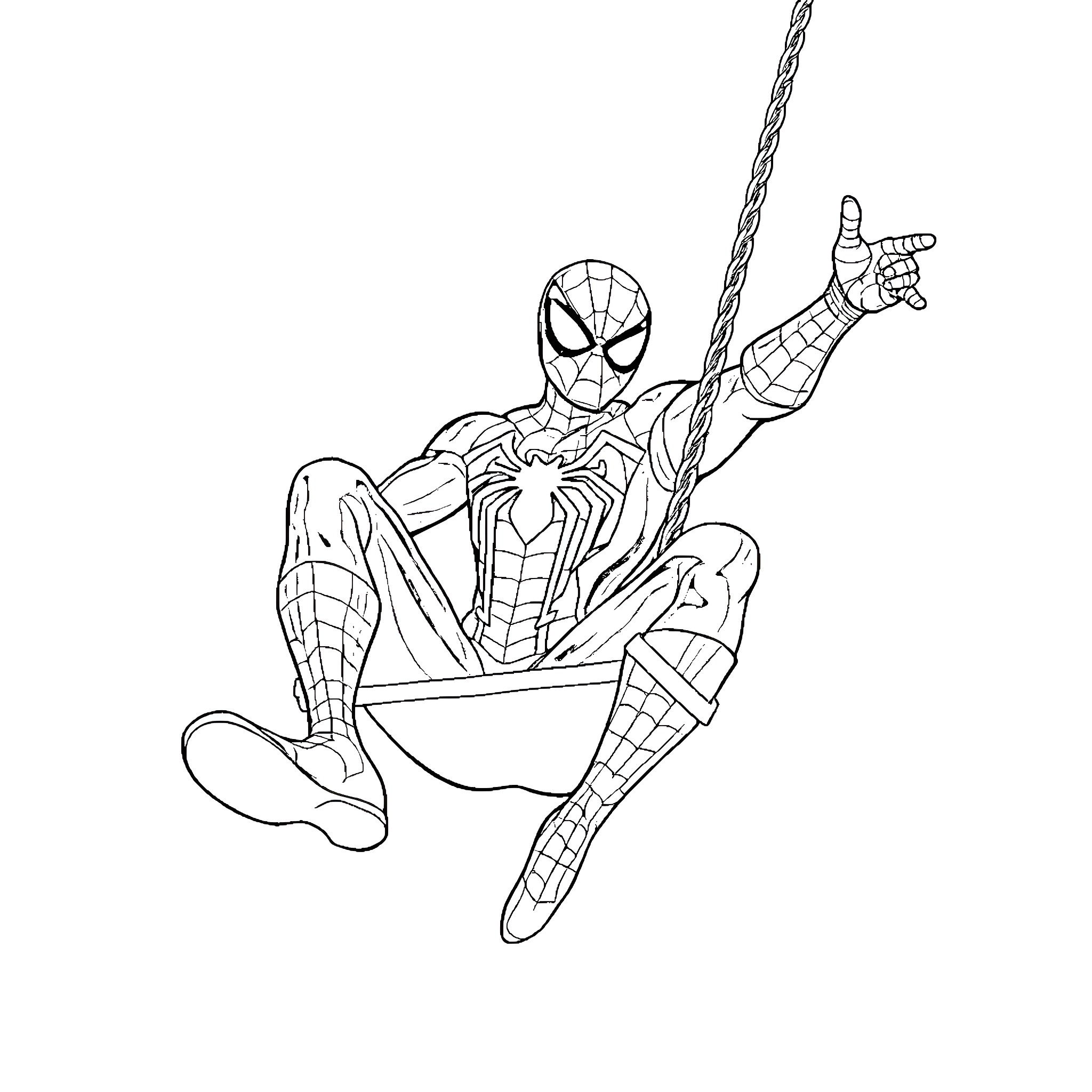 Spider-Man swinging high on a web Coloring Page (free black-and-white line drawing printable PDF for all, from beginners to advanced learners, including children, teens, adults, and seniors)
