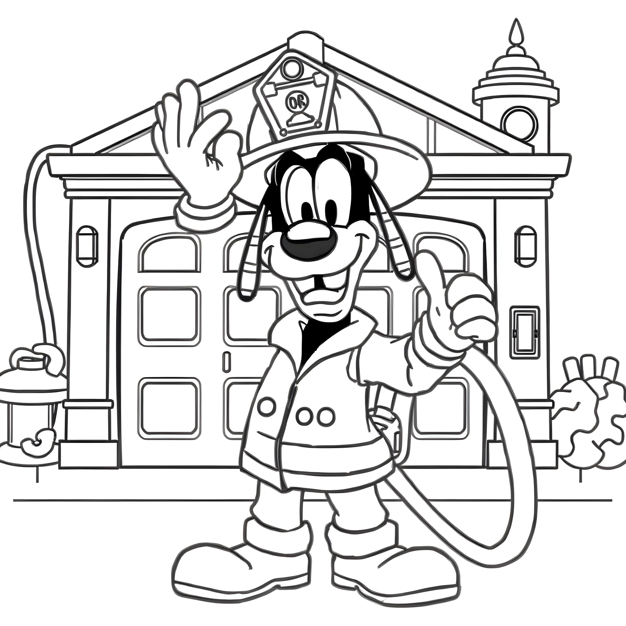 Goofy firefighter in funny pose at the fire station Coloring Page (free black-and-white line drawing printable PDF for all, from beginners to advanced learners, including children, teens, adults, and seniors)