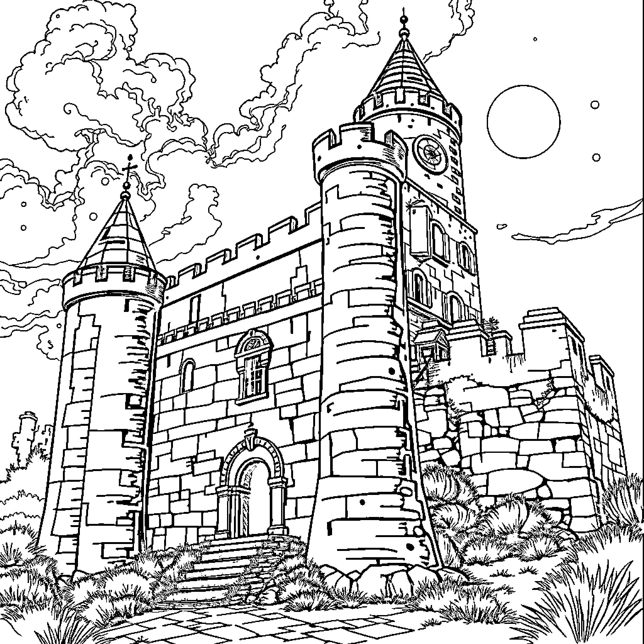 Stech Medieval Castle under Cloudy Skies Coloring Page (free black-and-white line drawing printable PDF for all, from beginners to advanced learners, including children, teens, adults, and seniors)