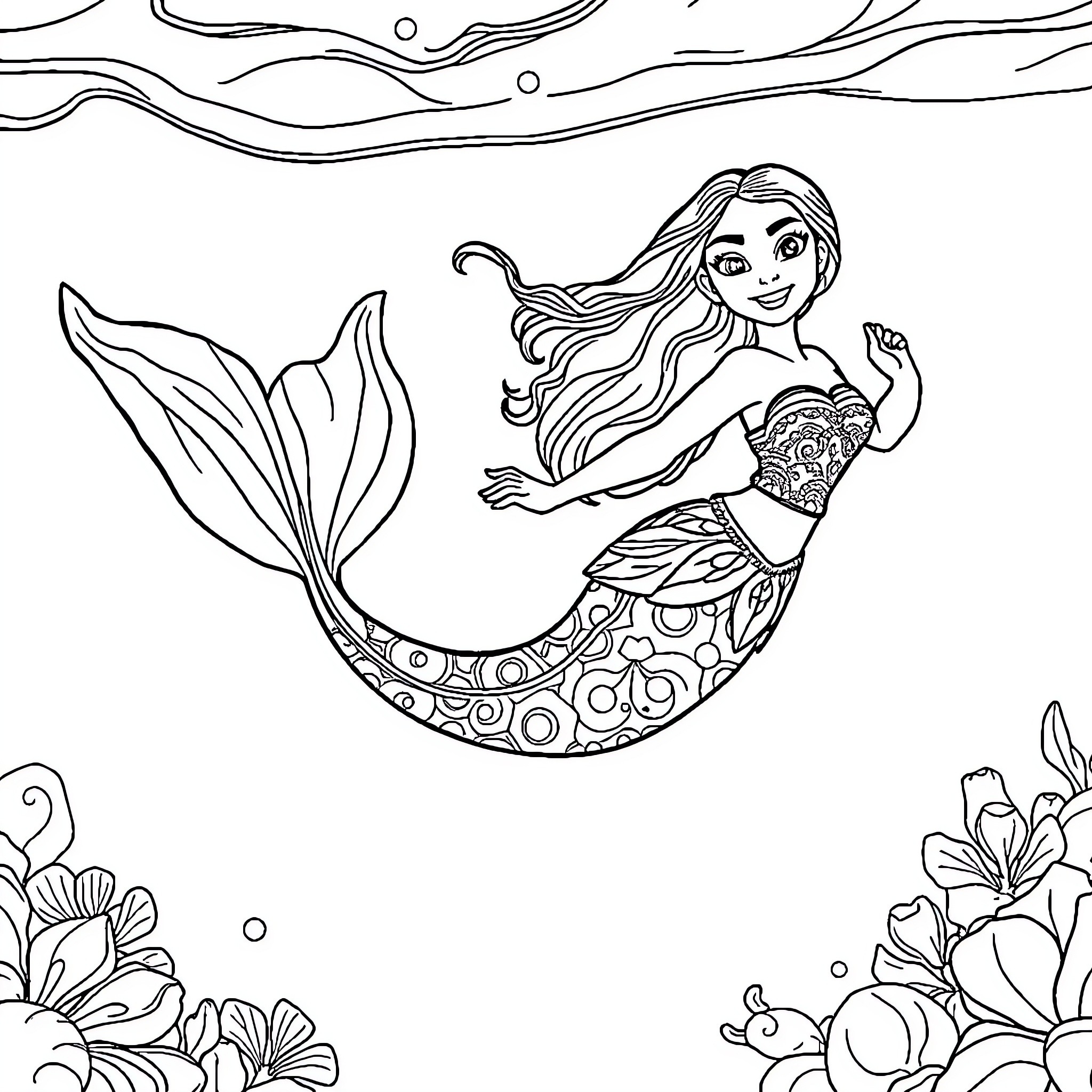 Moana Exploring the Enchanting Underwater World Coloring Page (free black-and-white line drawing printable PDF for all, from beginners to advanced learners, including children, teens, adults, and seniors)