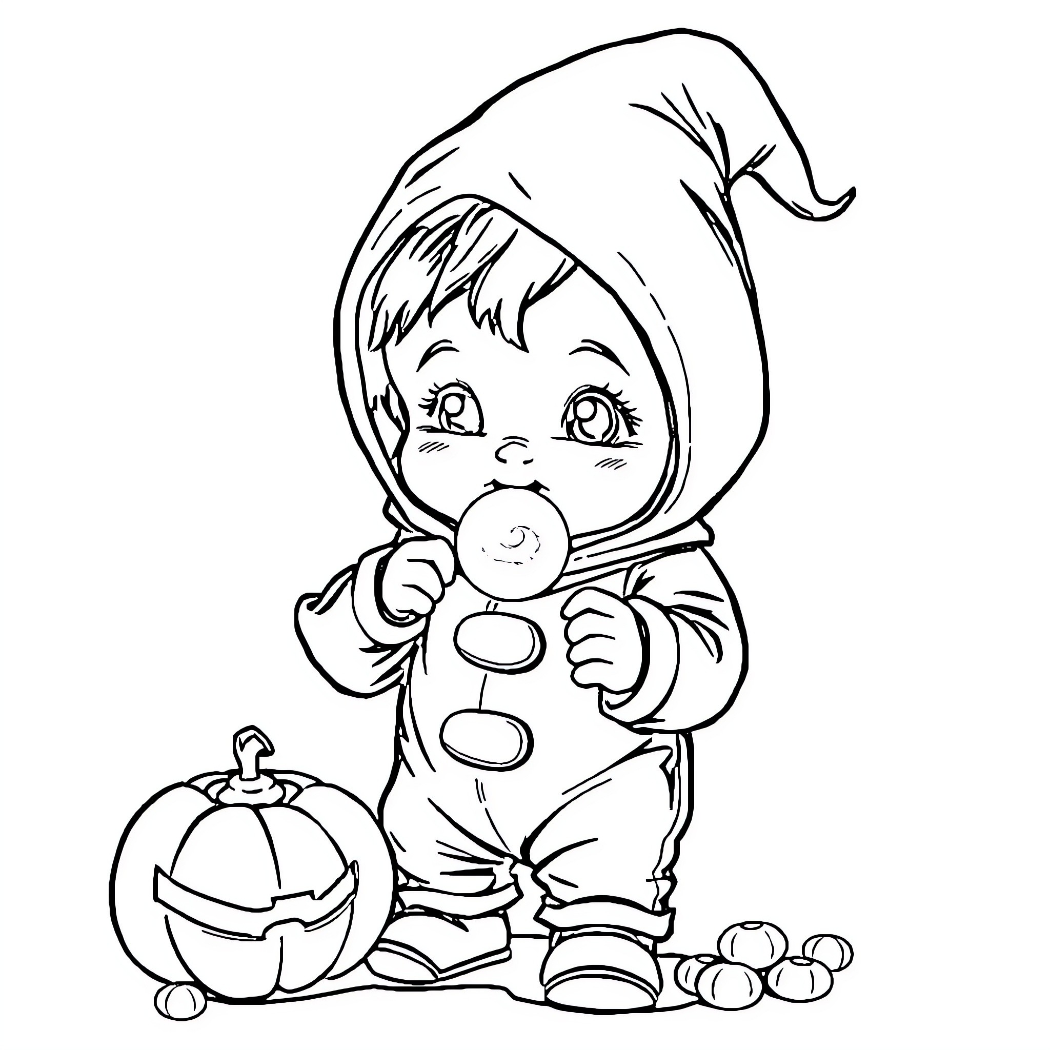 Bebe in Cozy Autumn Outfit with Pumpkins Coloring Page (free black-and-white line drawing printable PDF for all, from beginners to advanced learners, including children, teens, adults, and seniors)