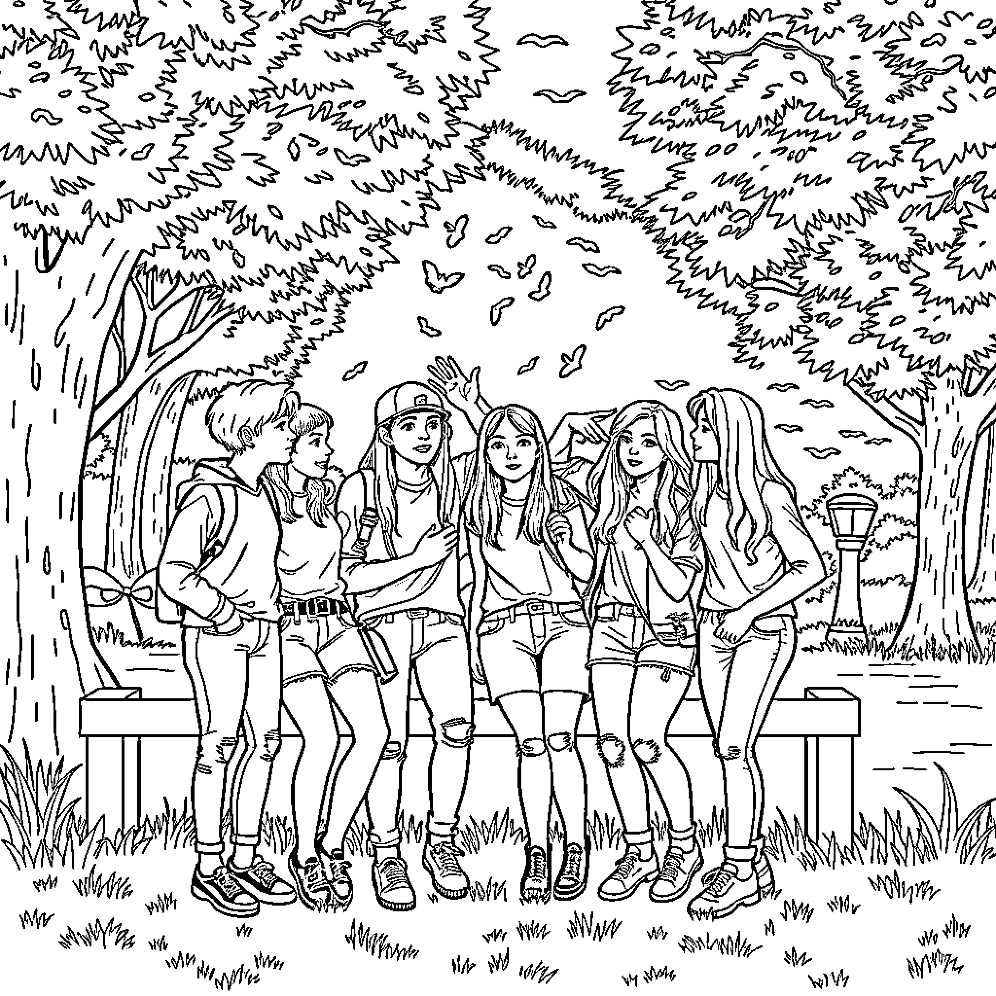 Teen friends enjoying outdoor adventure Coloring Page (free black-and-white line drawing printable PDF for all, from beginners to advanced learners, including children, teens, adults, and seniors)