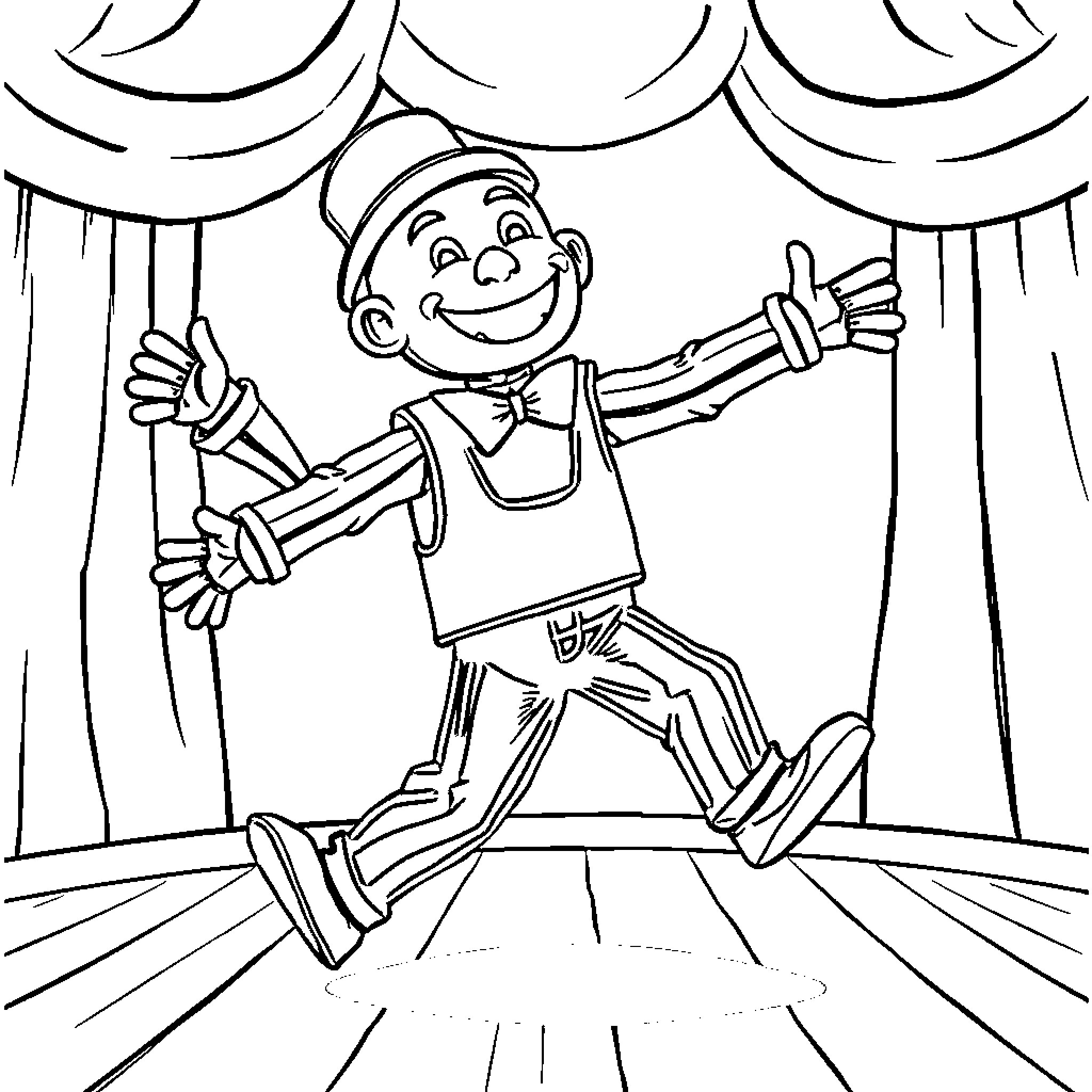 Slappy the Puppet's Theatrical Performance Coloring Page (free black-and-white line drawing printable PDF for all, from beginners to advanced learners, including children, teens, adults, and seniors)