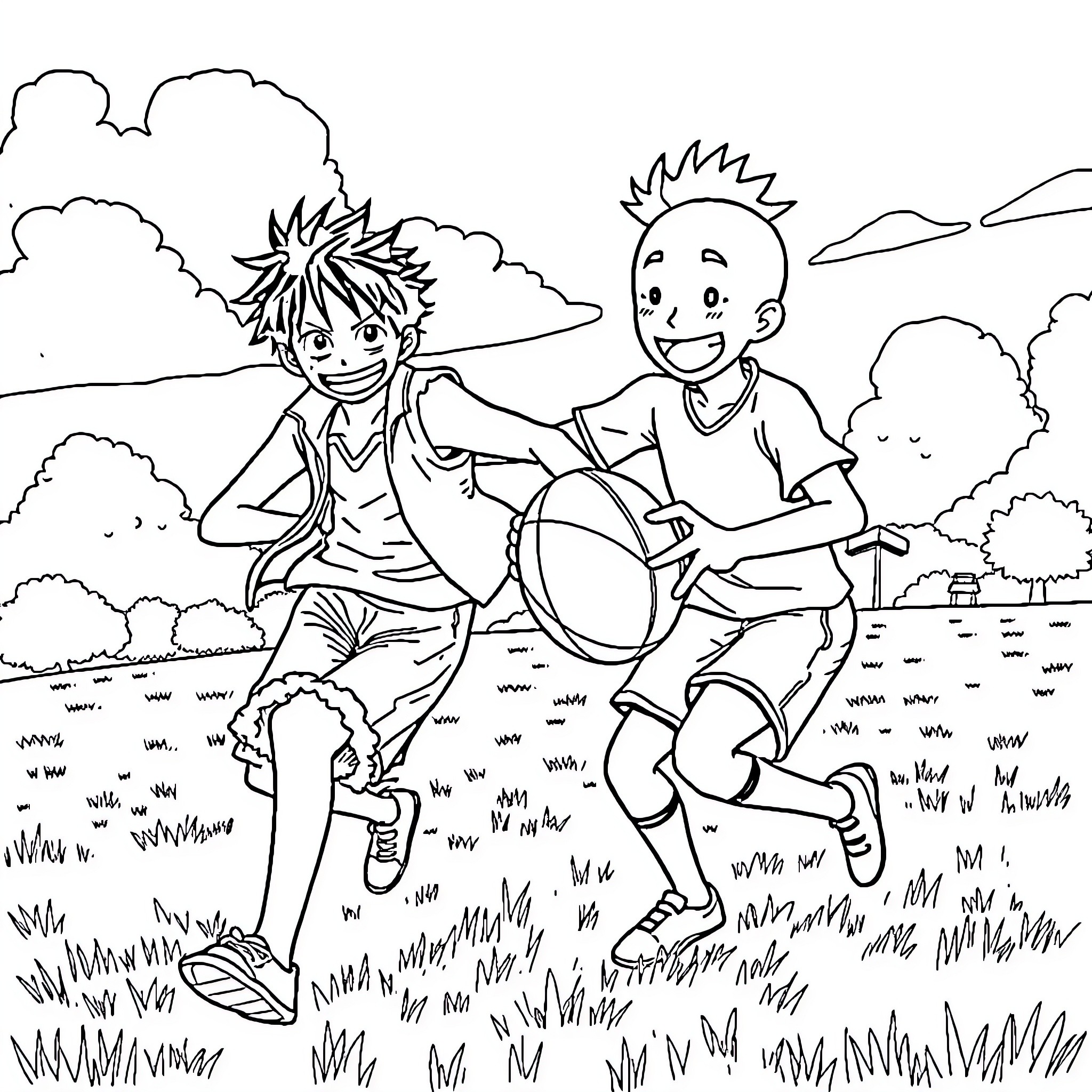 Luffy and friend playing joyfully in the field Coloring Page (free black-and-white line drawing printable PDF for all, from beginners to advanced learners, including children, teens, adults, and seniors)