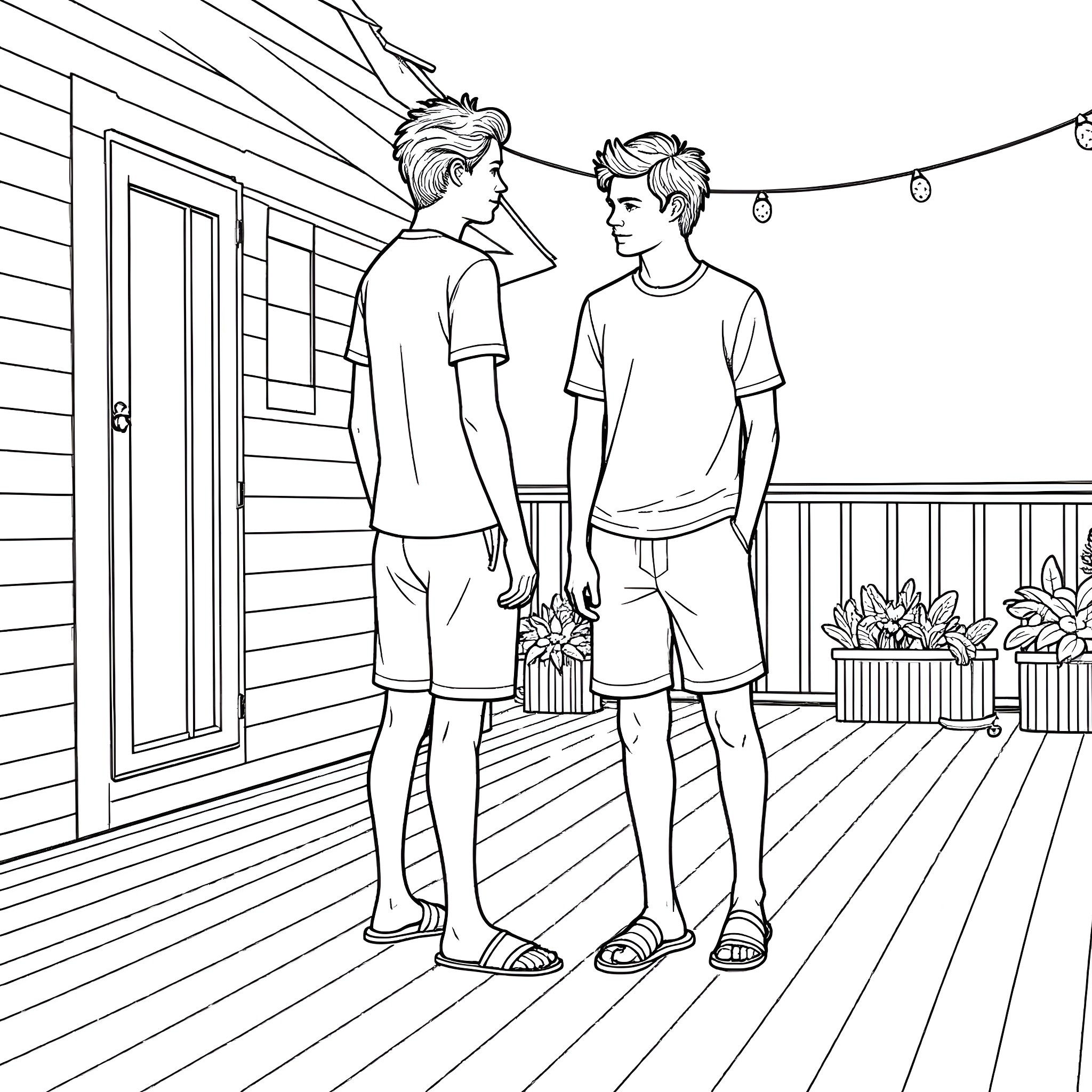 Teen Guys Casually Chatting on Porch Coloring Page (free black-and-white line drawing printable PDF for all, from beginners to advanced learners, including children, teens, adults, and seniors)
