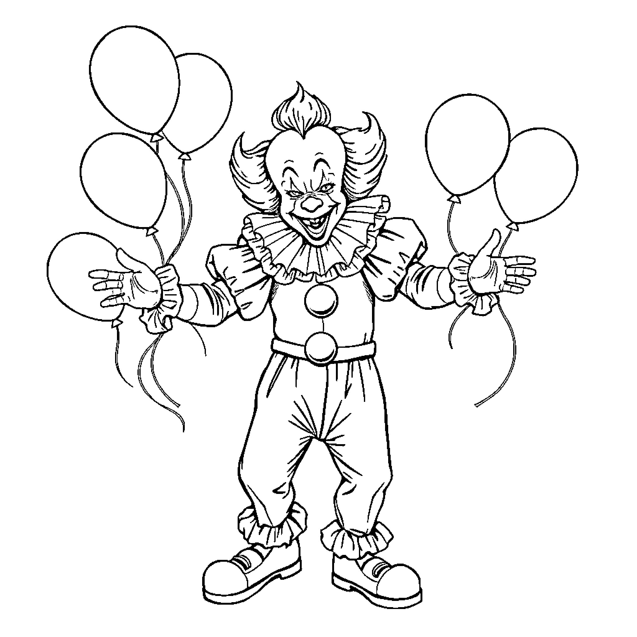Pennywise the Clown with Balloons Coloring Page (free black-and-white line drawing printable PDF for all, from beginners to advanced learners, including children, teens, adults, and seniors)