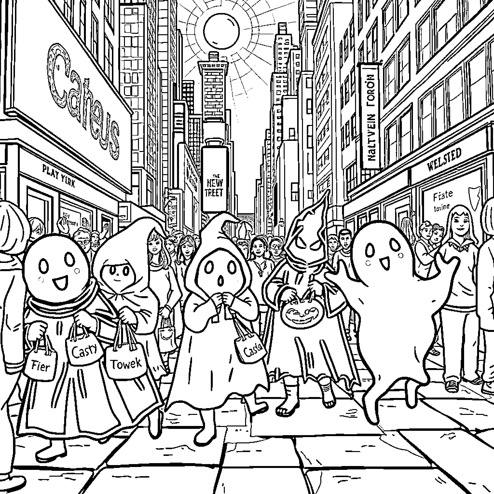 Ghost-like figures in a bustling city street Coloring Page (free black-and-white line drawing printable PDF for all, from beginners to advanced learners, including children, teens, adults, and seniors)