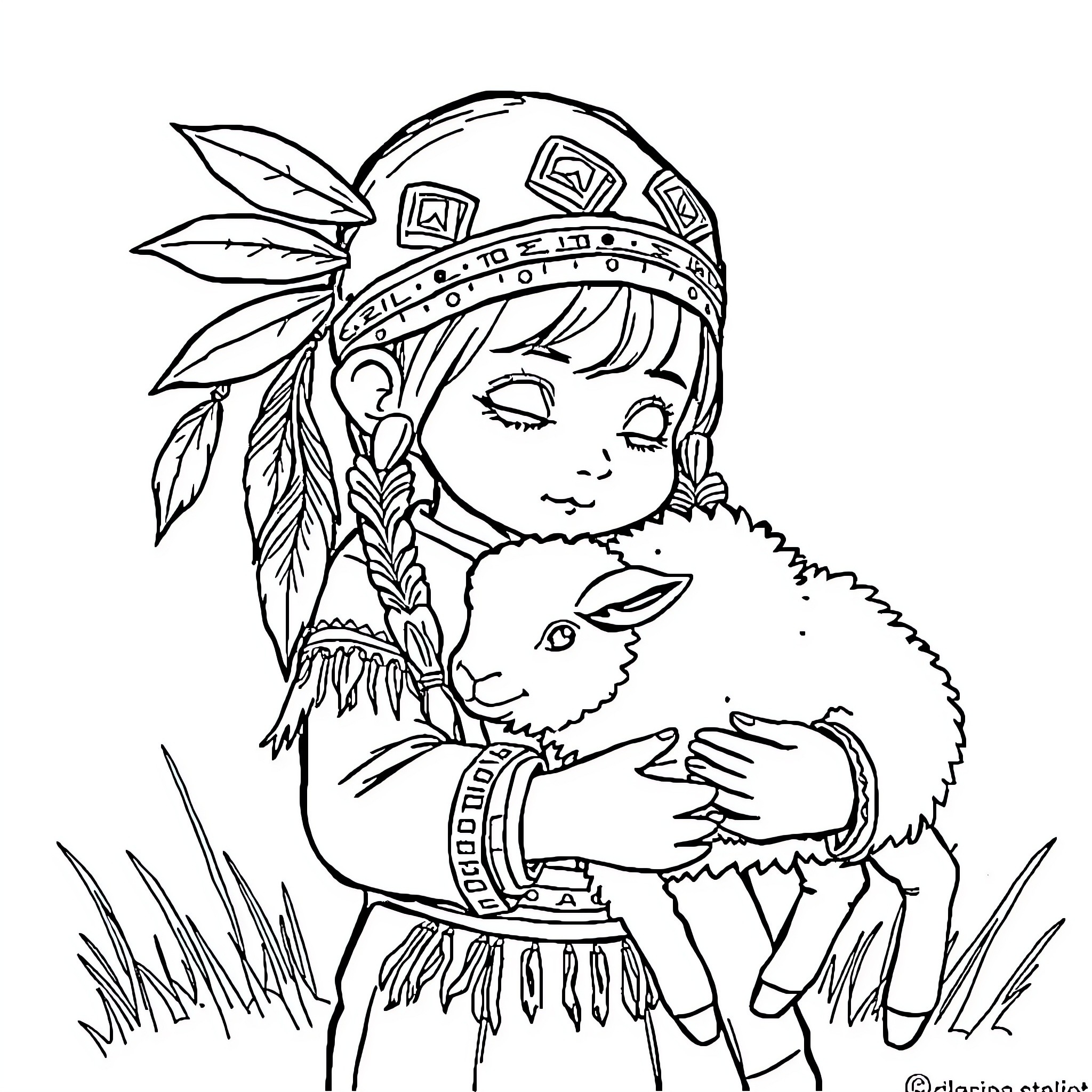 Child embracing a small animal in a natural setting Coloring Page (free black-and-white line drawing printable PDF for all, from beginners to advanced learners, including children, teens, adults, and seniors)