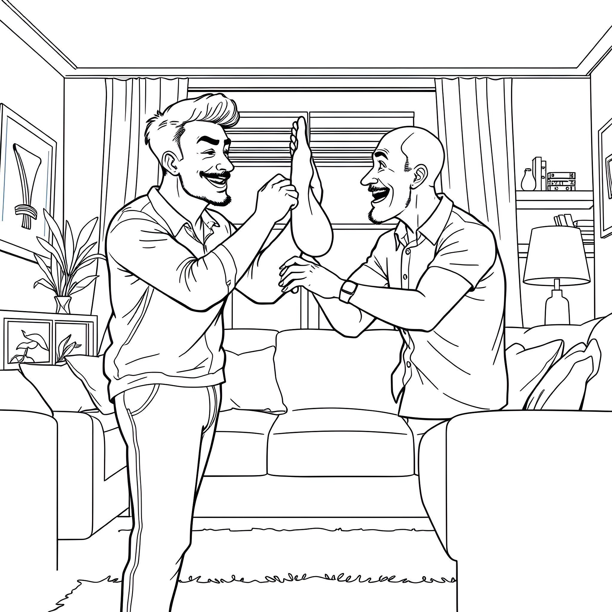 Man celebrating with friend in living room Coloring Page (free black-and-white line drawing printable PDF for all, from beginners to advanced learners, including children, teens, adults, and seniors)