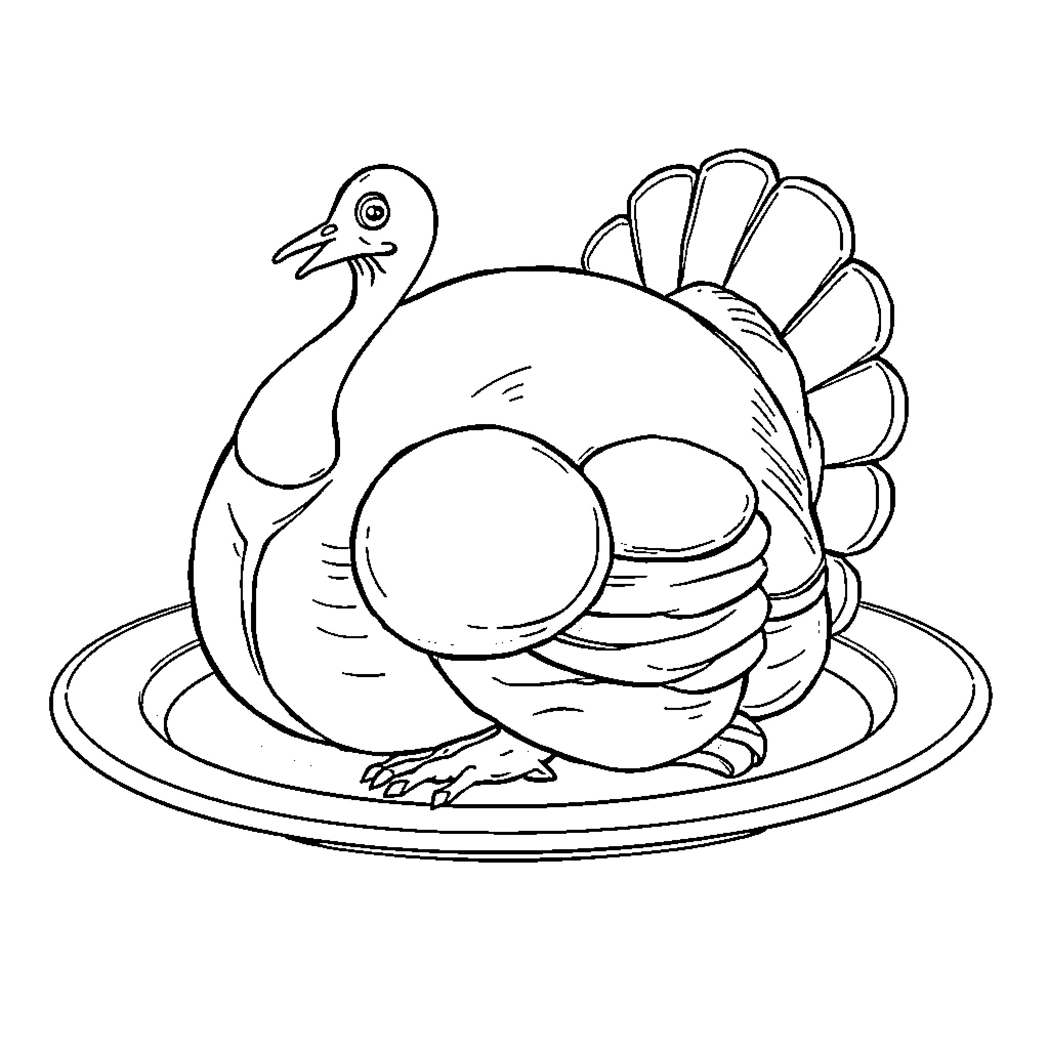 Turkey on a plate with festive appearance Coloring Page (free black-and-white line drawing printable PDF for all, from beginners to advanced learners, including children, teens, adults, and seniors)