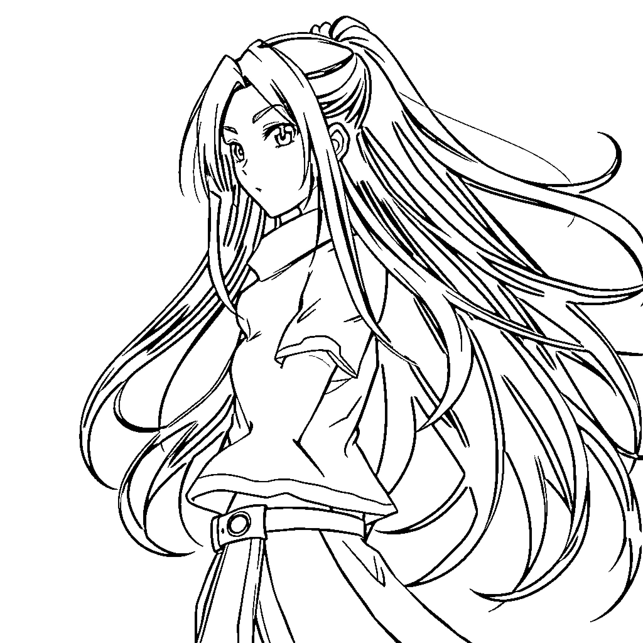 Asuna in flowing anime-style dress Coloring Page (free black-and-white line drawing printable PDF for all, from beginners to advanced learners, including children, teens, adults, and seniors)