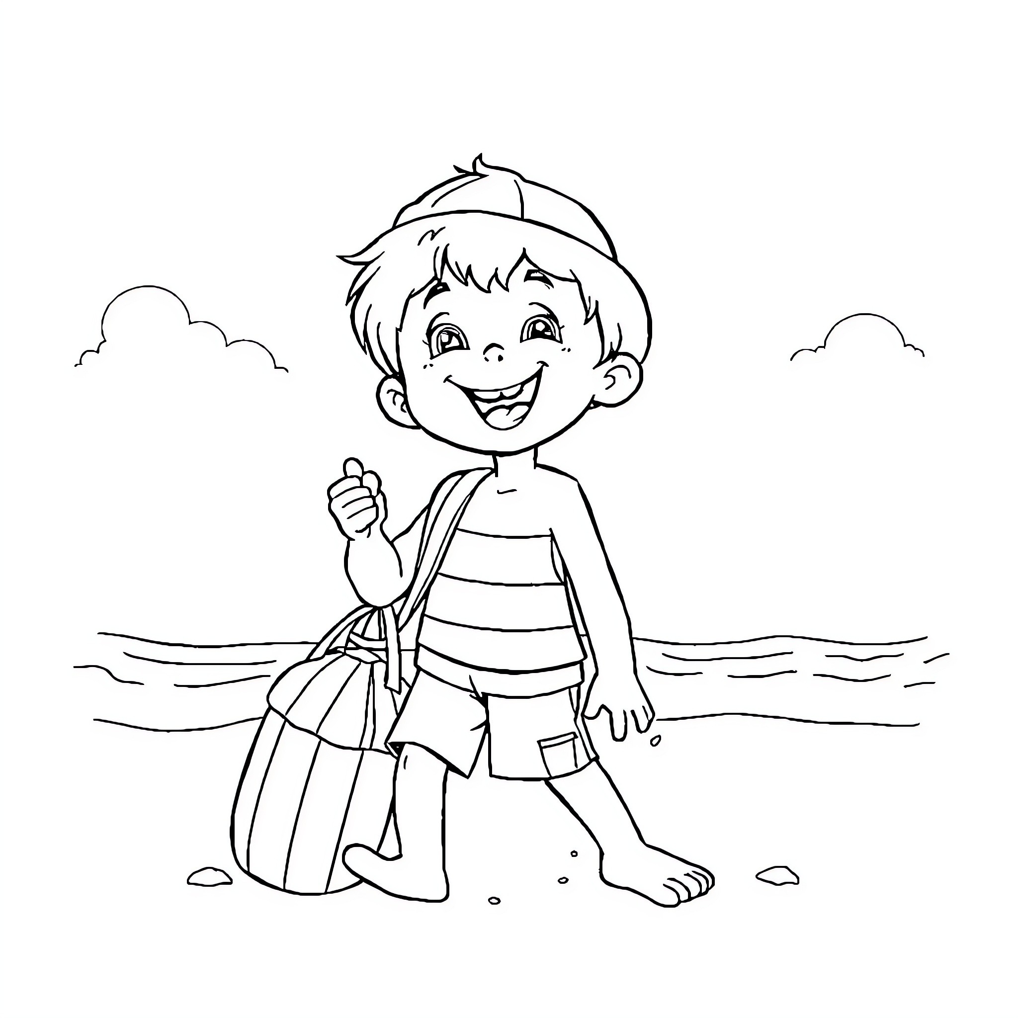Boy playing happily at the beach Coloring Page (free black-and-white line drawing printable PDF for all, from beginners to advanced learners, including children, teens, adults, and seniors)
