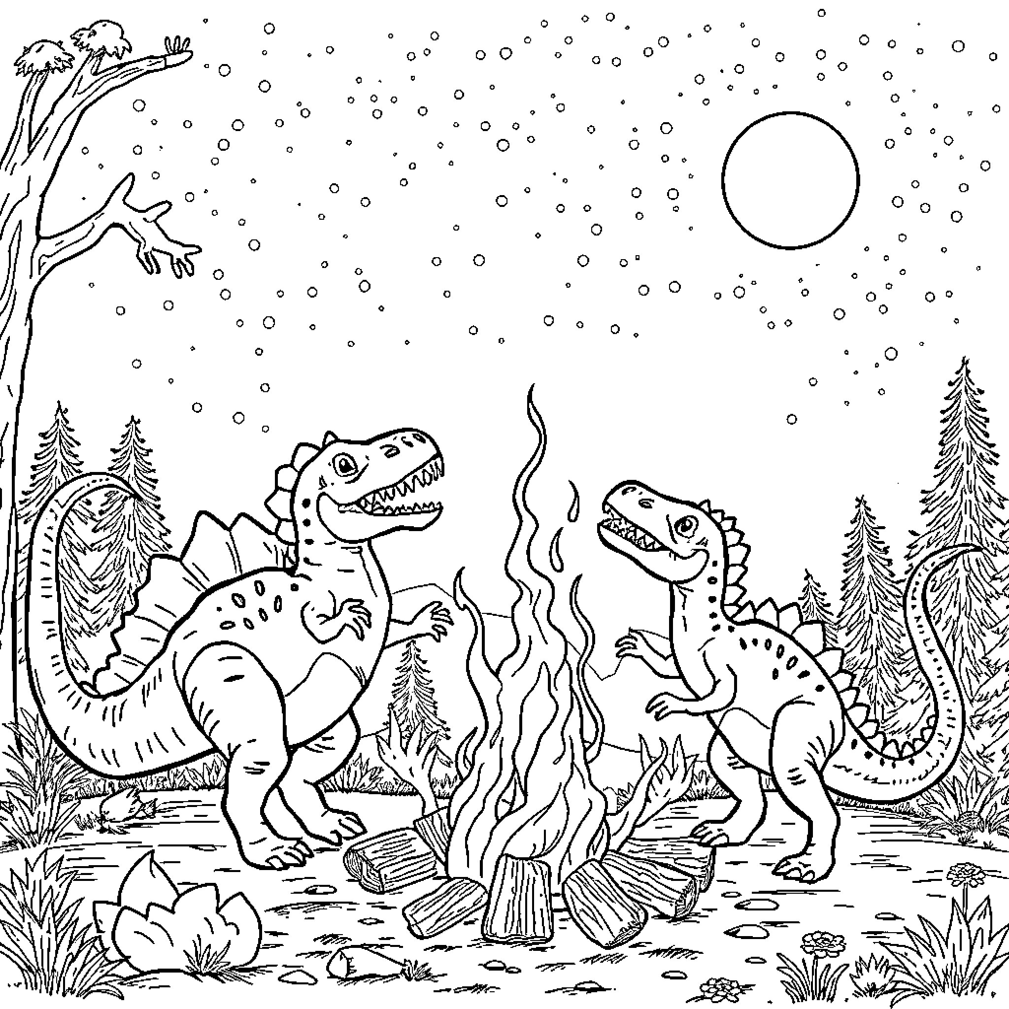 Dinosaurs having a campfire in the snow-covered forest Coloring Page (free black-and-white line drawing printable PDF for all, from beginners to advanced learners, including children, teens, adults, and seniors)