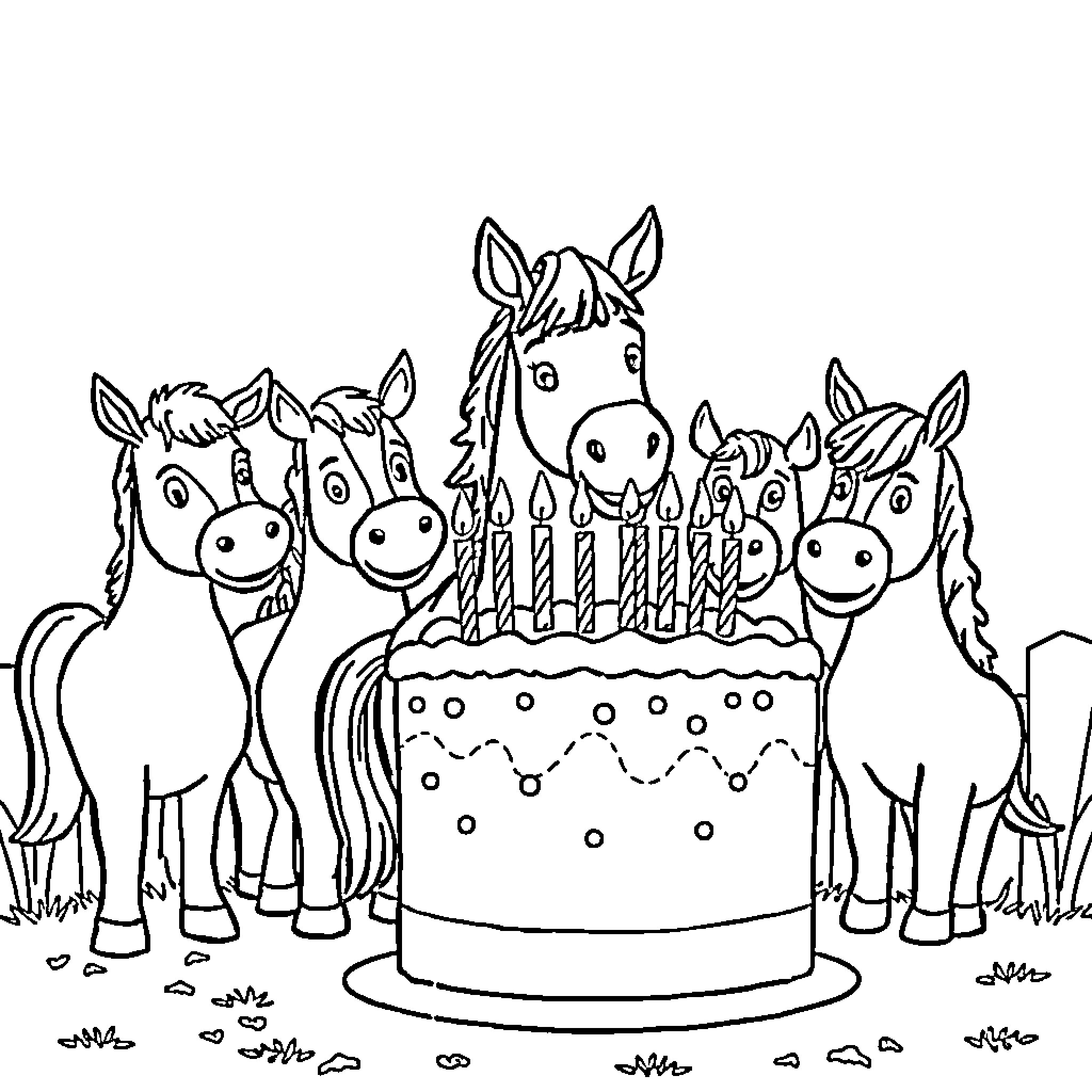 Horse Birthday Party with Cake and Friends Coloring Page (free black-and-white line drawing printable PDF for all, from beginners to advanced learners, including children, teens, adults, and seniors)