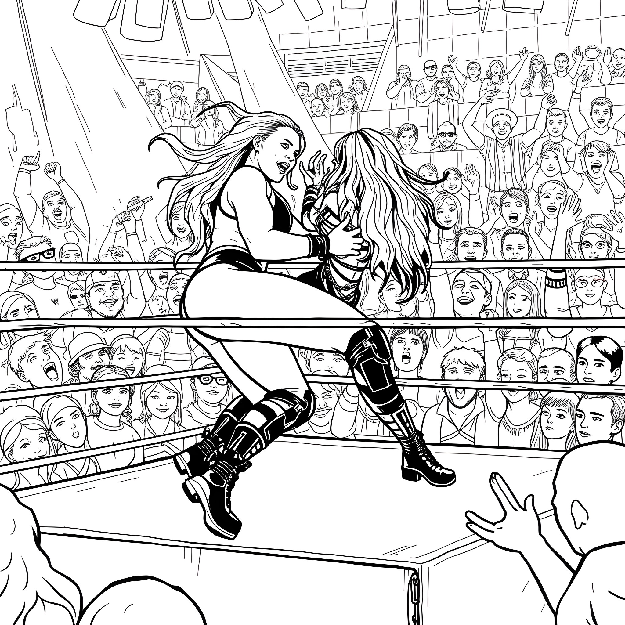 Wrestler takes down opponent in the ring Coloring Page (free black-and-white line drawing printable PDF for all, from beginners to advanced learners, including children, teens, adults, and seniors)