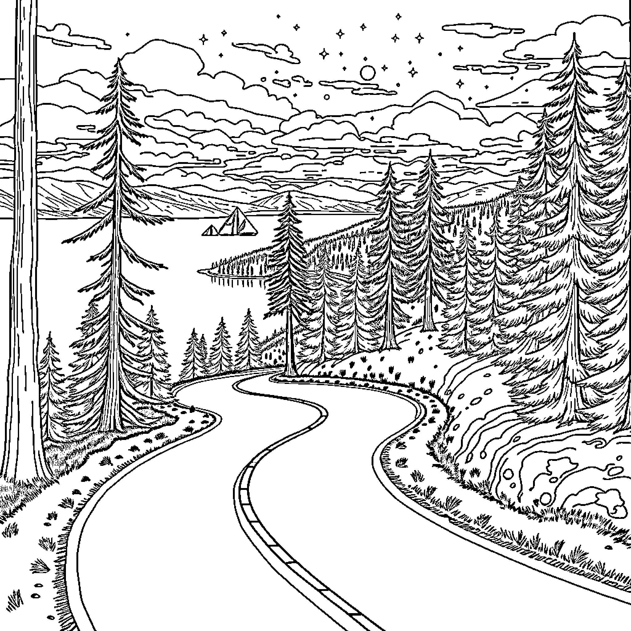 Road through Snowy Winter Wonderland Landscape Coloring Page (free black-and-white line drawing printable PDF for all, from beginners to advanced learners, including children, teens, adults, and seniors)