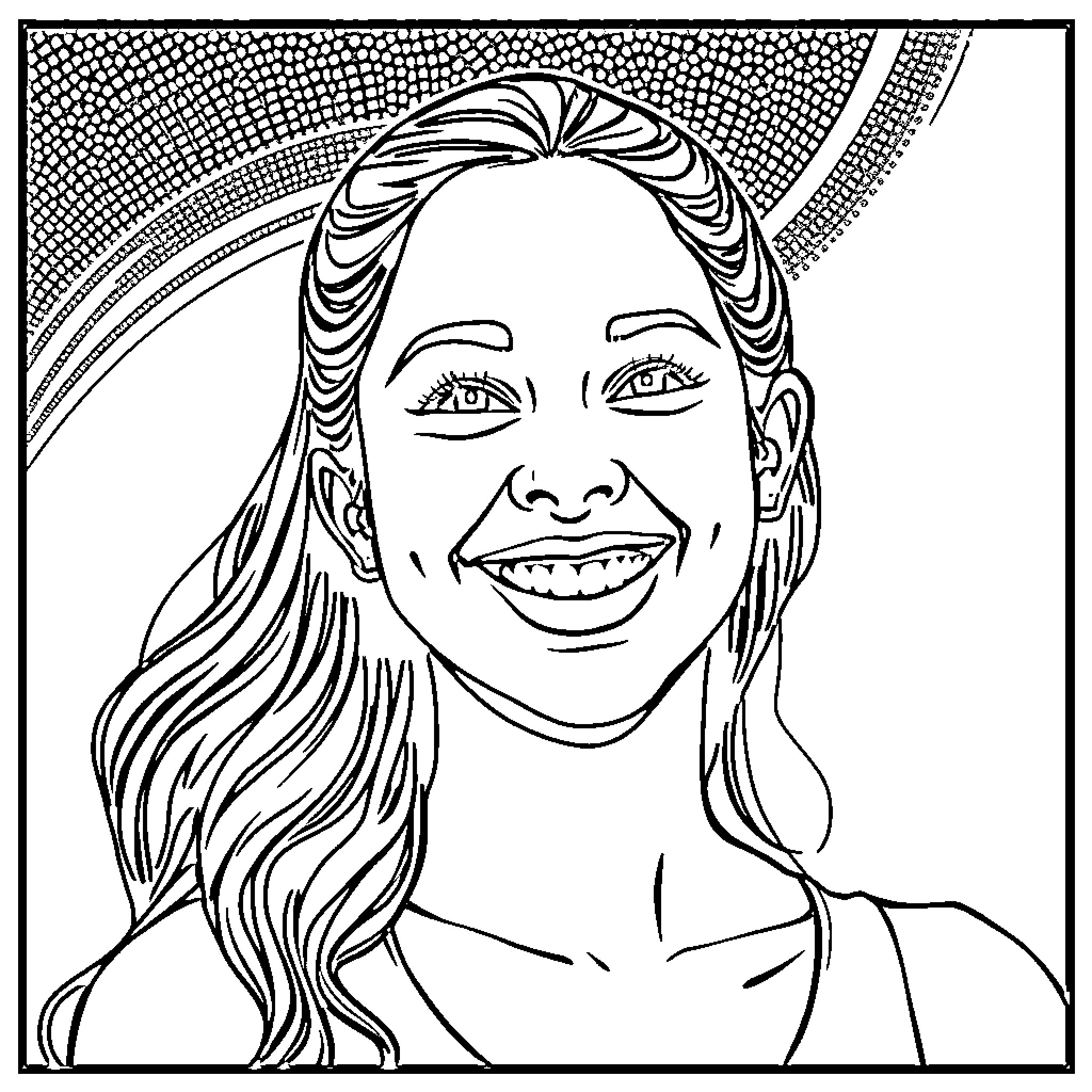 Jenna Ortega smiling happily Coloring Page (free black-and-white line drawing printable PDF for all, from beginners to advanced learners, including children, teens, adults, and seniors)