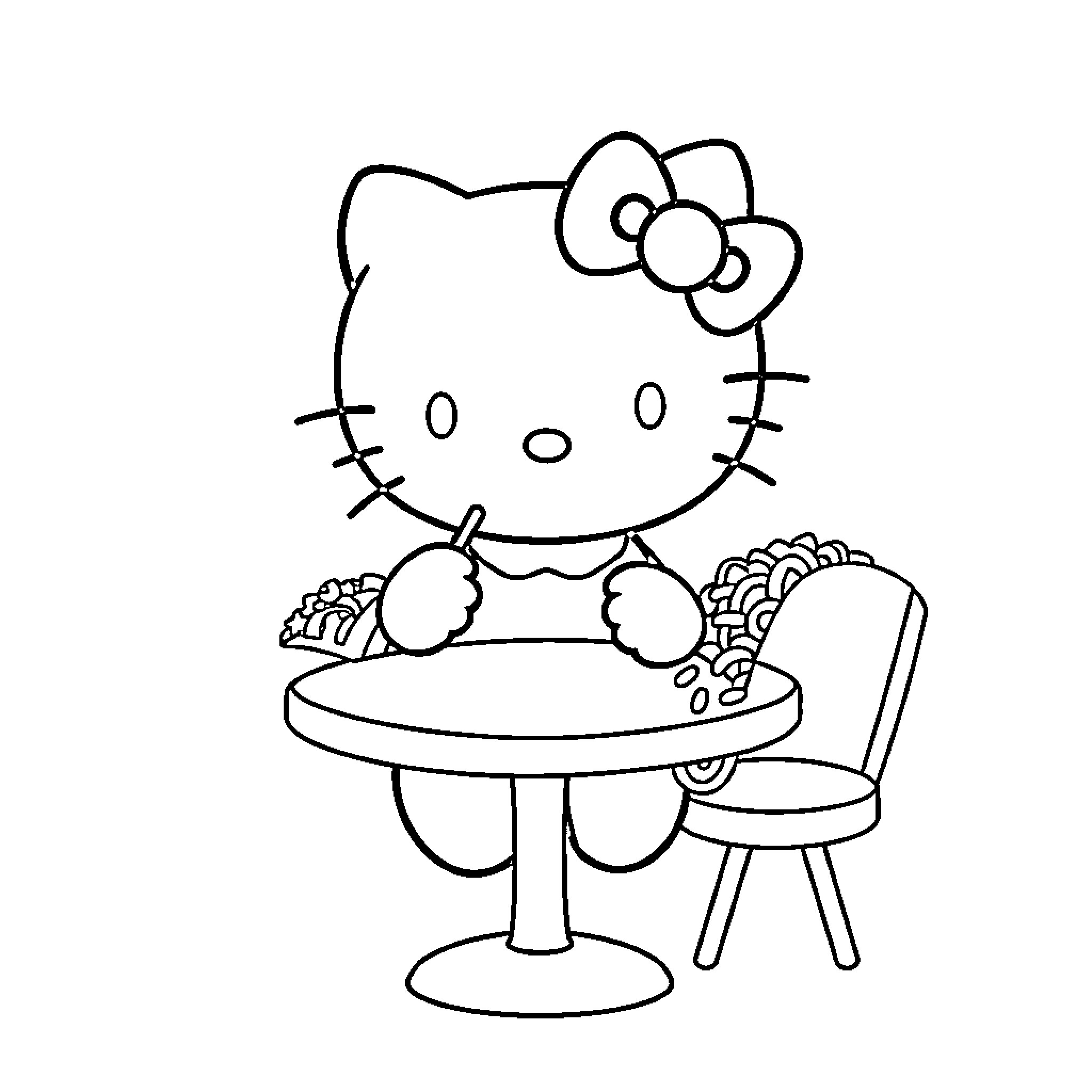Hello Kitty Enjoying a Snack at a Table Coloring Page (free black-and-white line drawing printable PDF for all, from beginners to advanced learners, including children, teens, adults, and seniors)