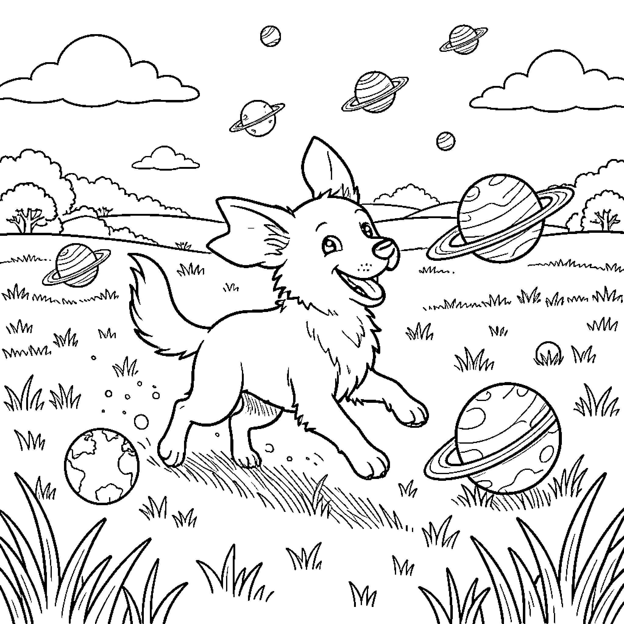 Dog Exploring Whimsical Space Landscape Coloring Page (free black-and-white line drawing printable PDF for all, from beginners to advanced learners, including children, teens, adults, and seniors)