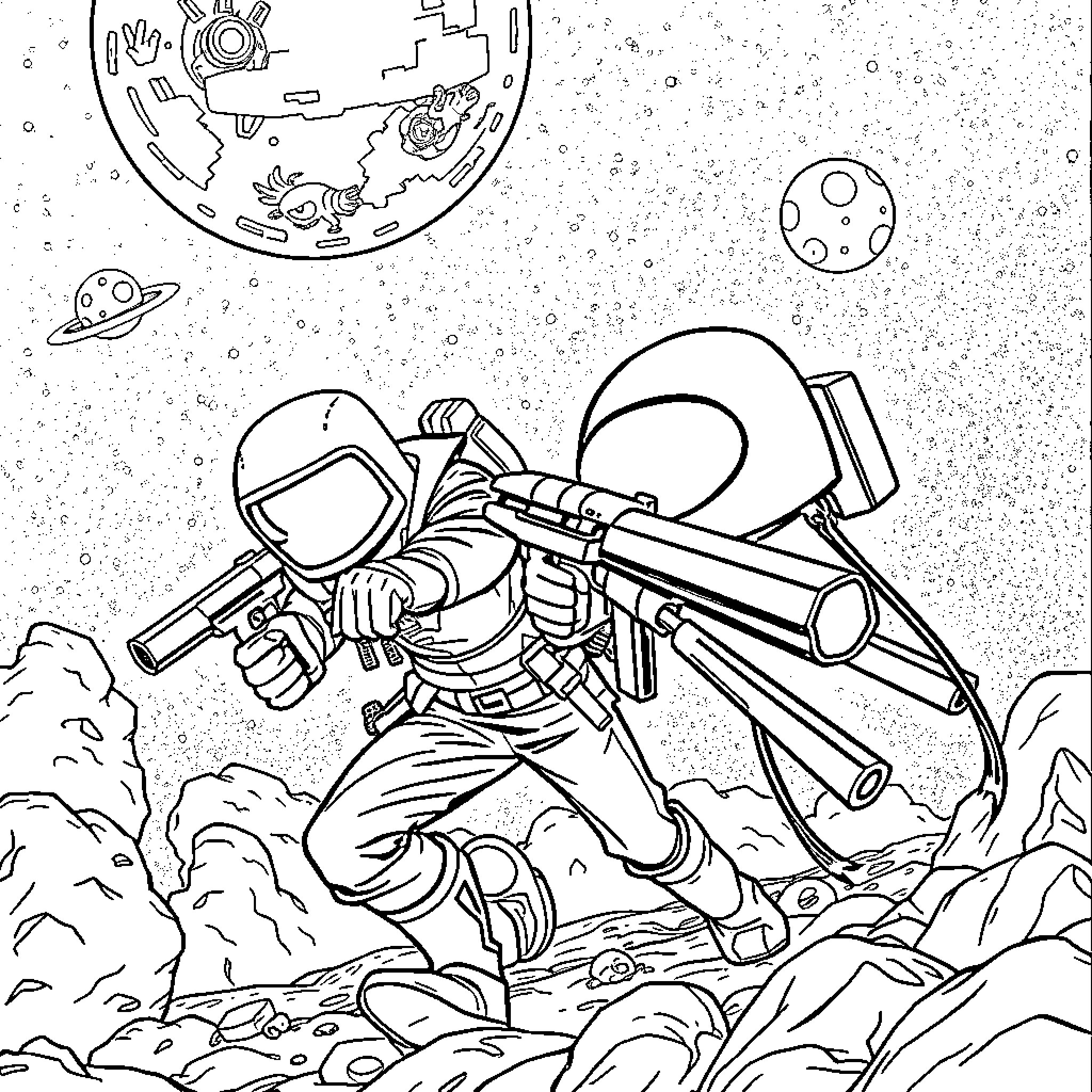 Among Us: Astronauts in space combat action Coloring Page (free black-and-white line drawing printable PDF for all, from beginners to advanced learners, including children, teens, adults, and seniors)