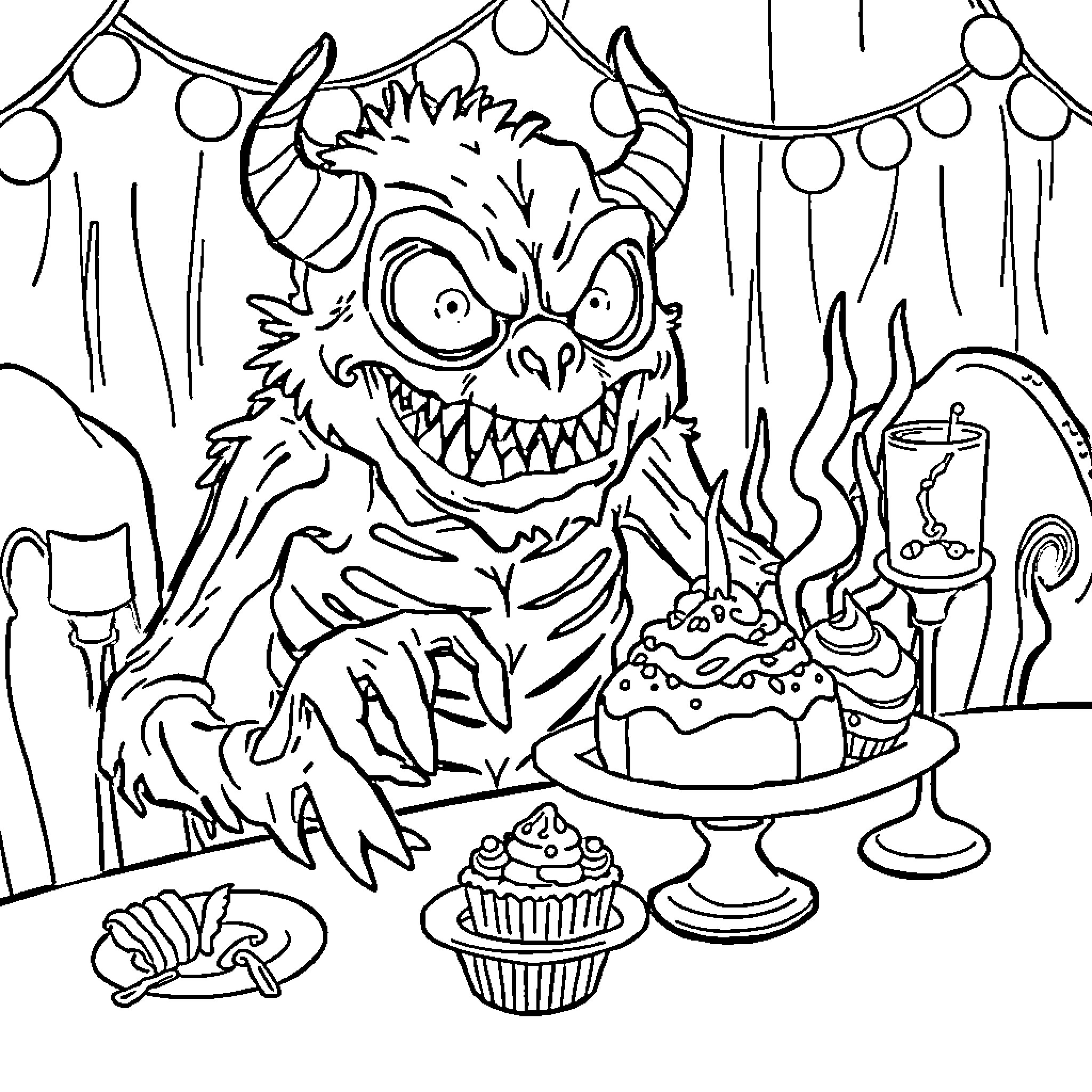Monster enjoying a creepy dessert party Coloring Page (free black-and-white line drawing printable PDF for all, from beginners to advanced learners, including children, teens, adults, and seniors)