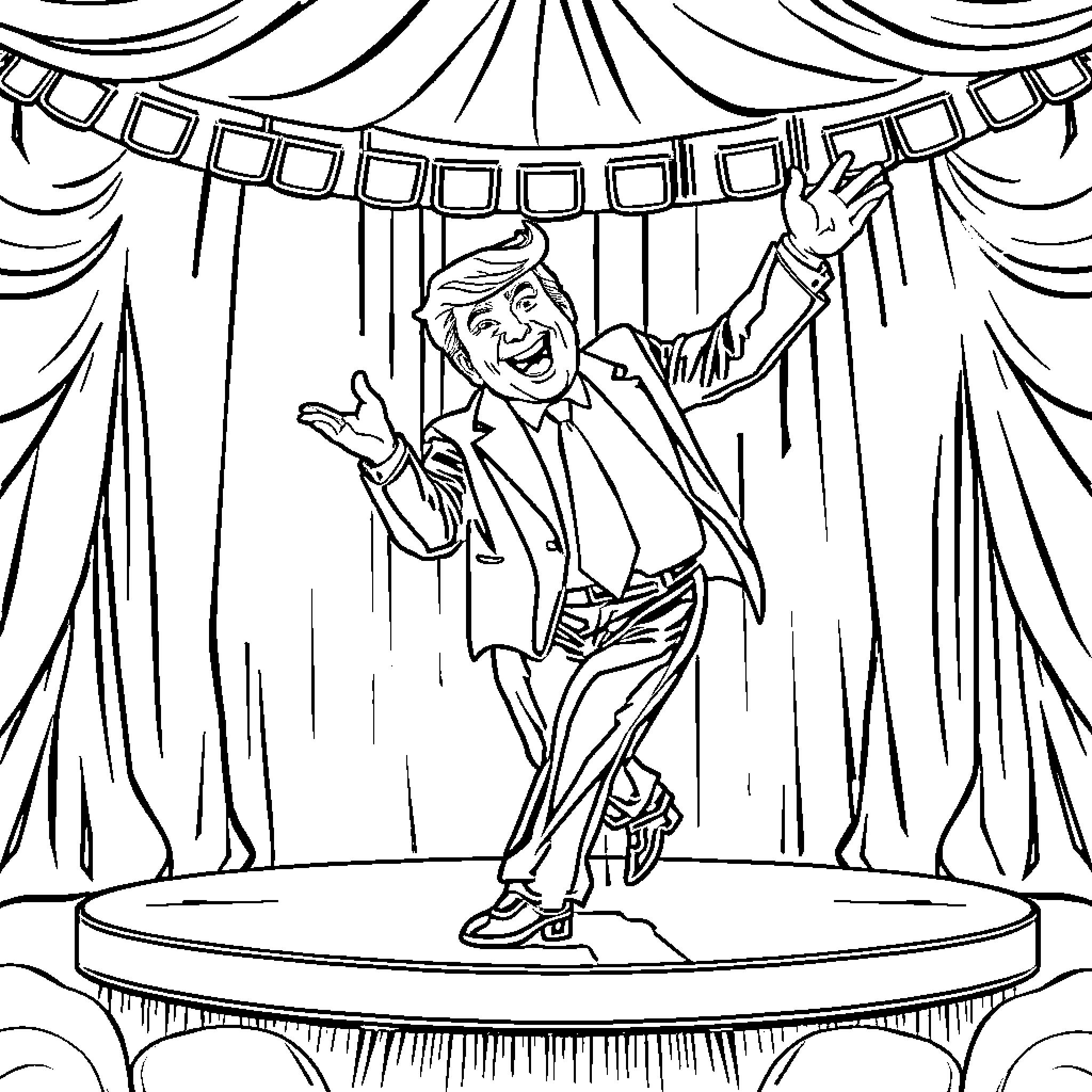 Donald Trump Performing on a Theatrical Stage Coloring Page (free black-and-white line drawing printable PDF for all, from beginners to advanced learners, including children, teens, adults, and seniors)